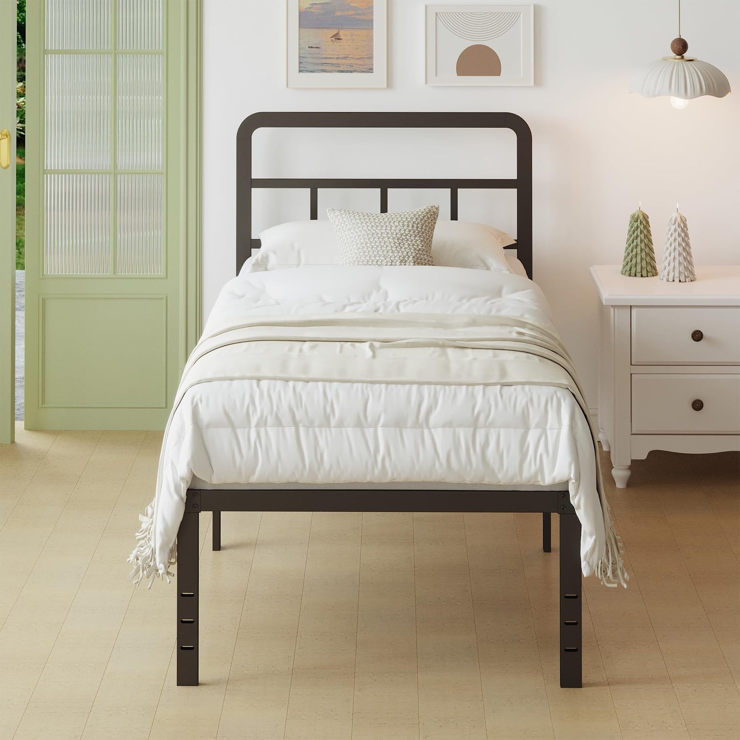 Lutown-Teen Metal Single Bed Frame with Headboard, 46 cm High