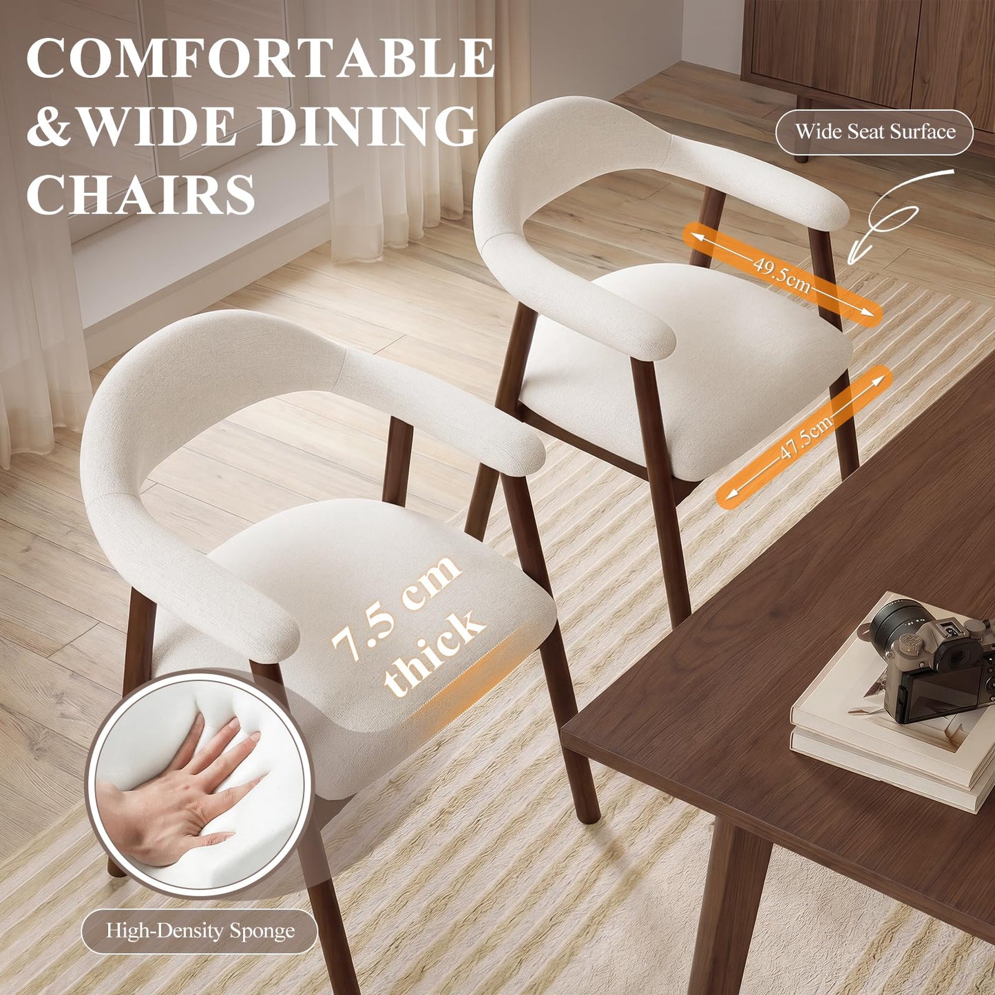 MALOL Wooden Dining Chairs Set of 6, Fabric Chairs for Dining Room with Armrest, Upholstered Kitchen Chairs with Curved Back and Wood Legs for Dining