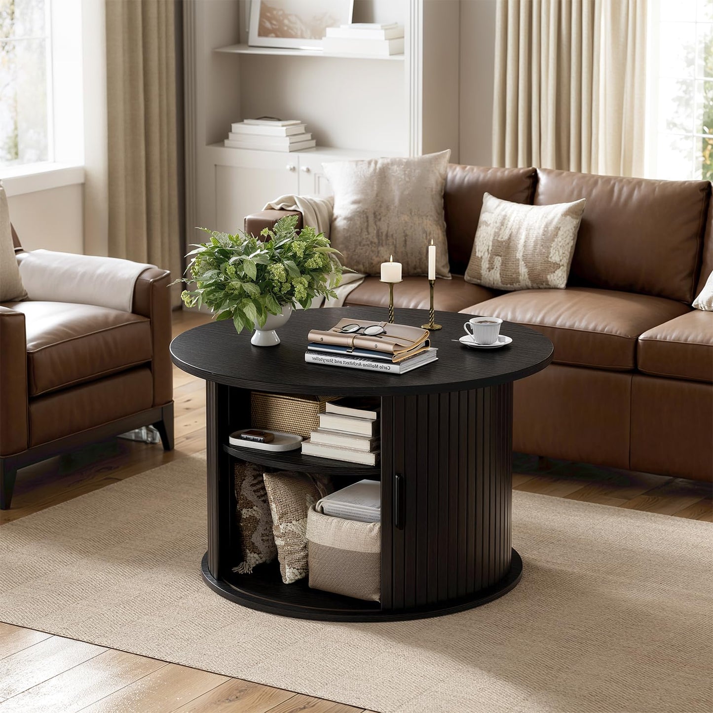 Mossora Black Round Lift Top Fluted Coffee Table with Storage, 68*68*50cm