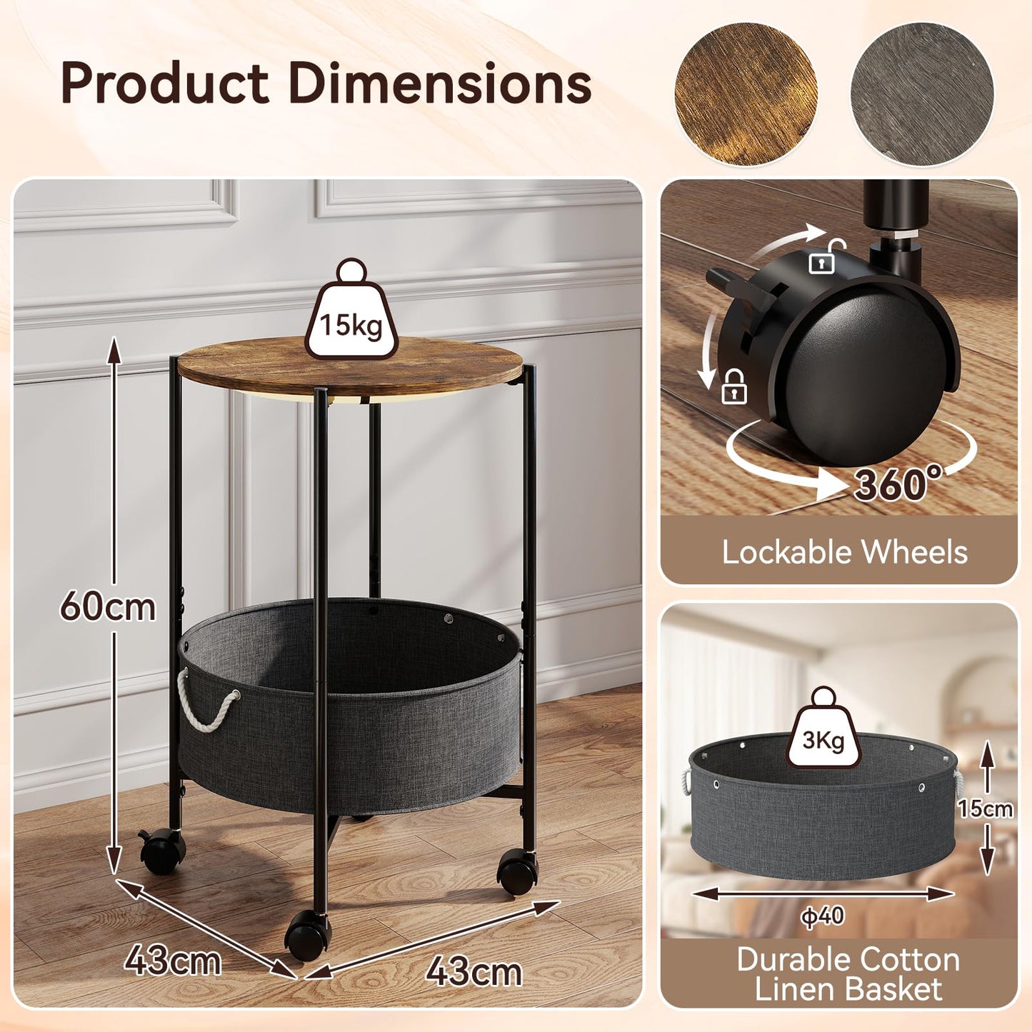 ARTETHYS Side Table, Small Side Coffee Tables for Living Room, End Table with LED Lights, Wheels, Storage Basket, Bedside Sofa Tables for Bedroom