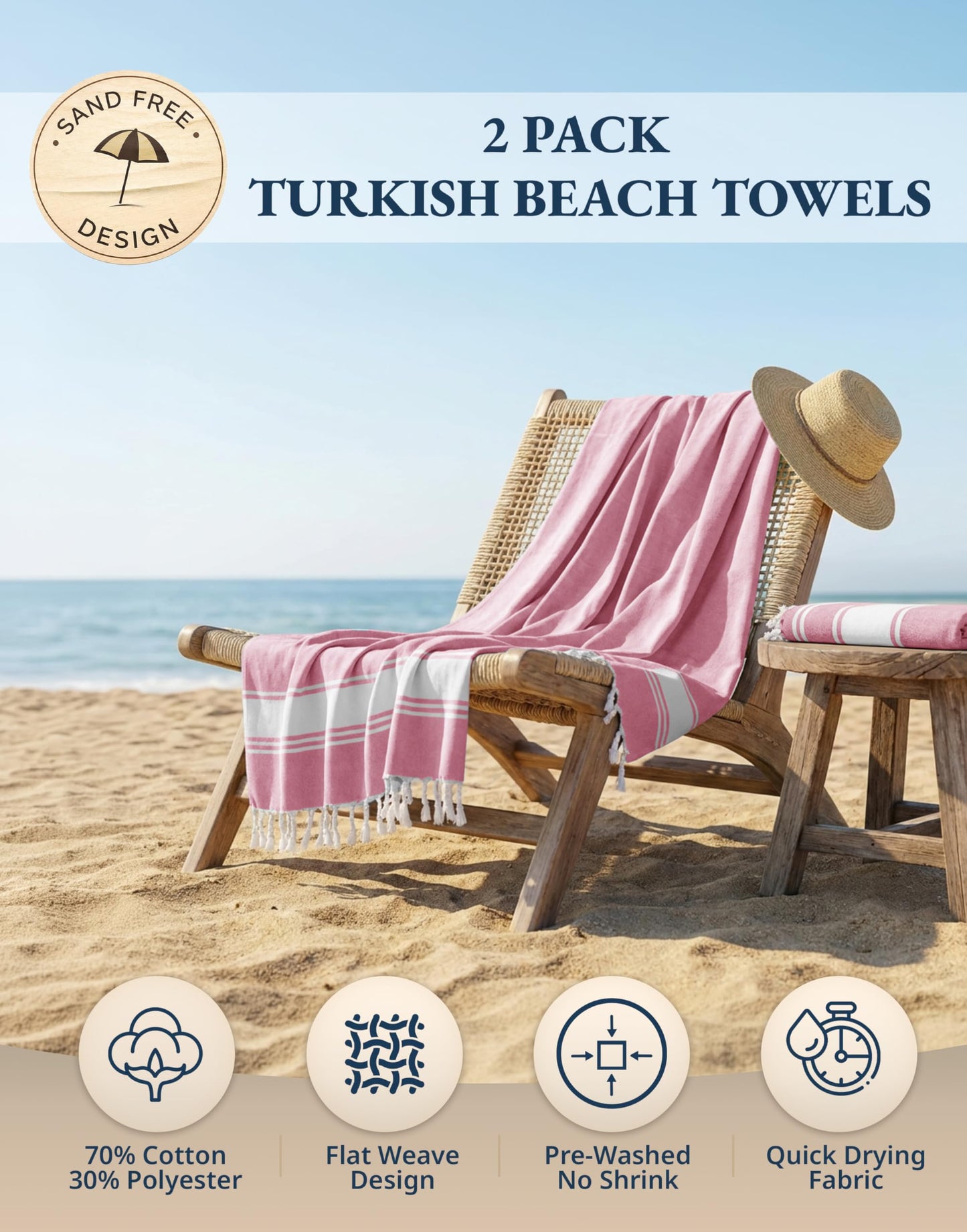 LANE LINEN Turkish Beach Towels, 2 Pack Extra Large Beach Towel, Pre-Washed for Soft Feel, Cotton Rich Oversized Sand Free Quick-Dry Pool Towel