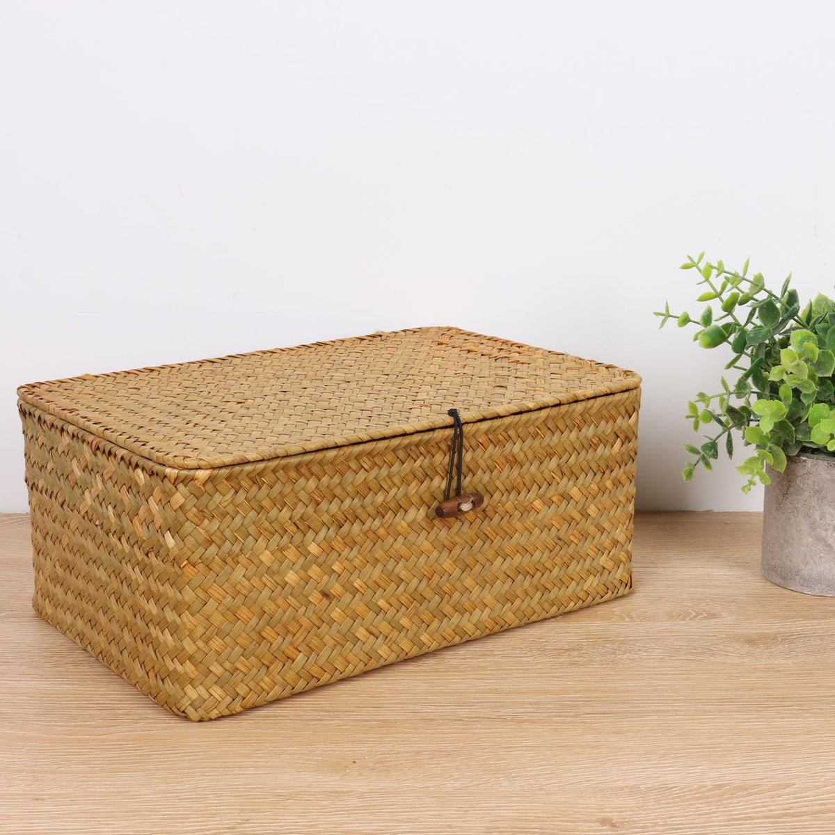 FEIALNDUO Wicker Shelf Baskets with Lid,Seagrass Storage Basket Bins Rectangular Handwoven Basket Boxes for Shelves Desktop Home Organizer