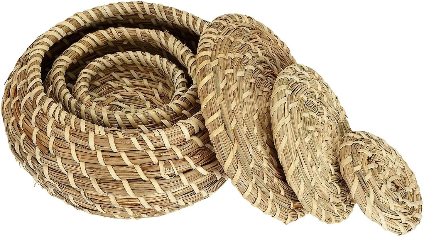 Dicunoy Set of 3 Small Wicker Basket with Lid, Round Woven Seagrass Baskets, Little Handmade Rattan Storage Basket Box for Shelf, Home, Bathroom