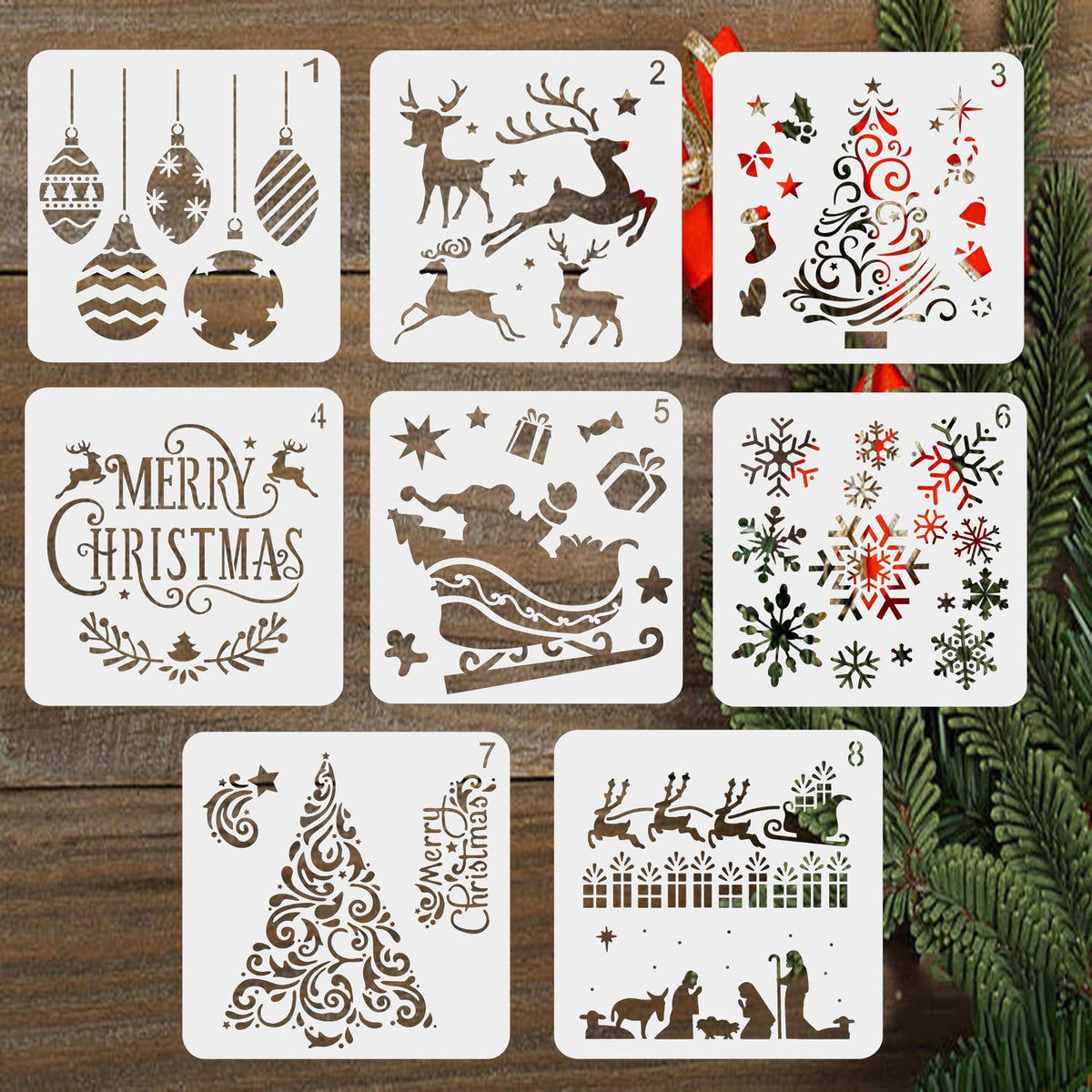 LYPER 8Pcs Christmas Stencils 12Inch Xmas Scale Template Sets, Reusable Plastic Craft Snow Flake DIY Decoration for Craft Art Drawing Painting