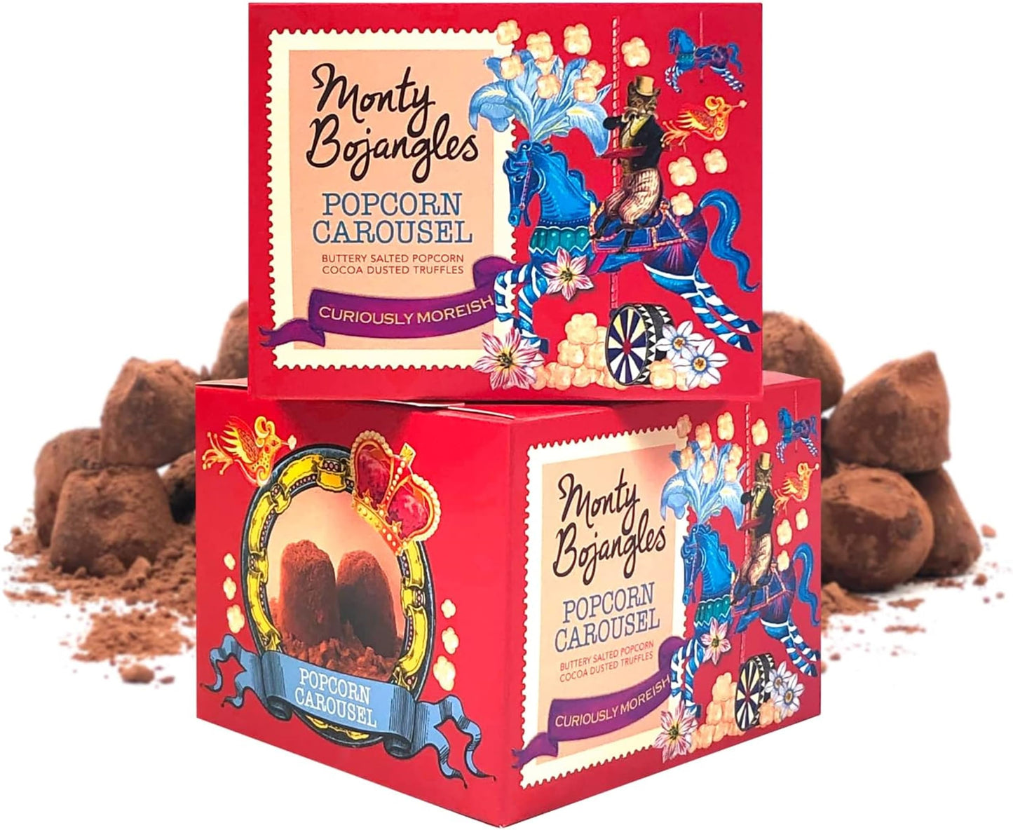 Monty Bojangles Popcorn Carousel Cocoa Dusted Chocolate Truffles (2 x 150g Chocolate Gift Box) - Buttery Salted Popcorn Flavoured Chocolatey Truffles