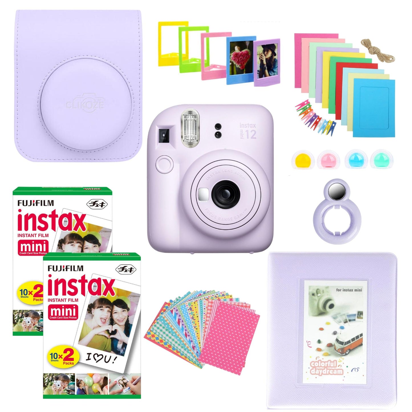 Clikoze Instant Camera Bundle with Fujifilm Mini 12 Lilac Purple Camera, Fujifilm 40 Shot Mini Film, Clikoze Mini 12 Case, Mini Album Book, Film