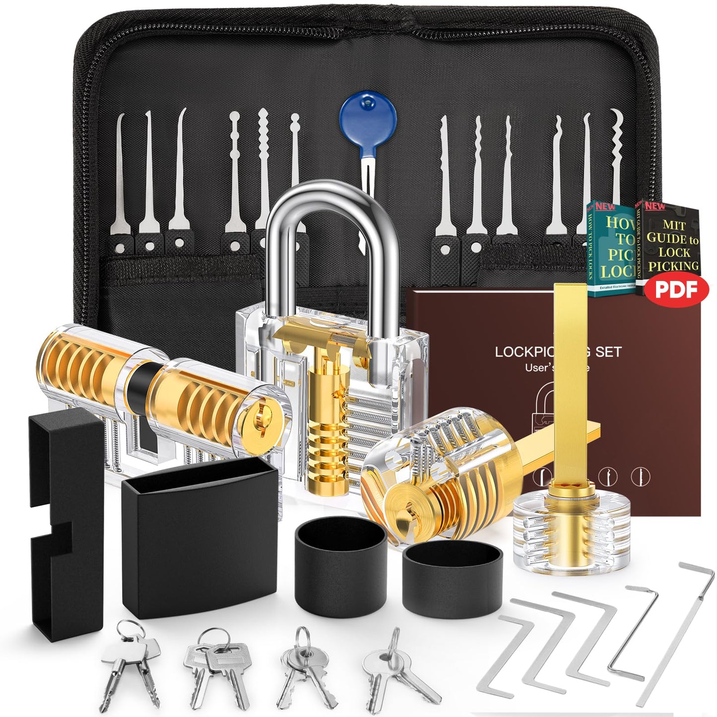 IPSXP Lock Picking Set, 32-Piece Lock Pick Set with 4 Transparent Training Locks and Manual and Zip Case for Lockpicking, Extractor Tool for Beginner