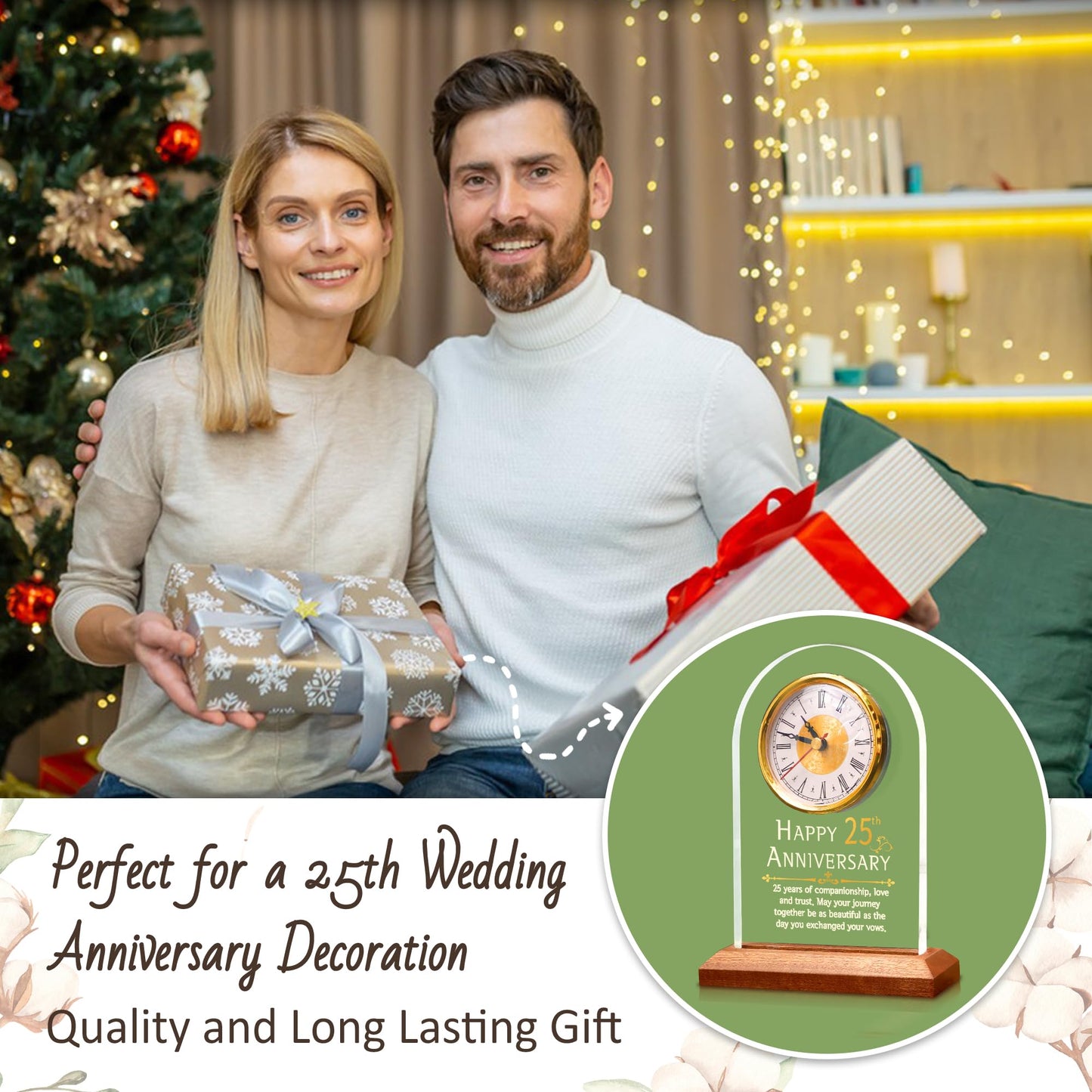 OkiyiD Light Up 25th Anniversary Wedding Gifts Quartz Clock with Wooden Base,25 Years Silver Wedding for Couple,Parents,Soft Warm White Lighting 25th