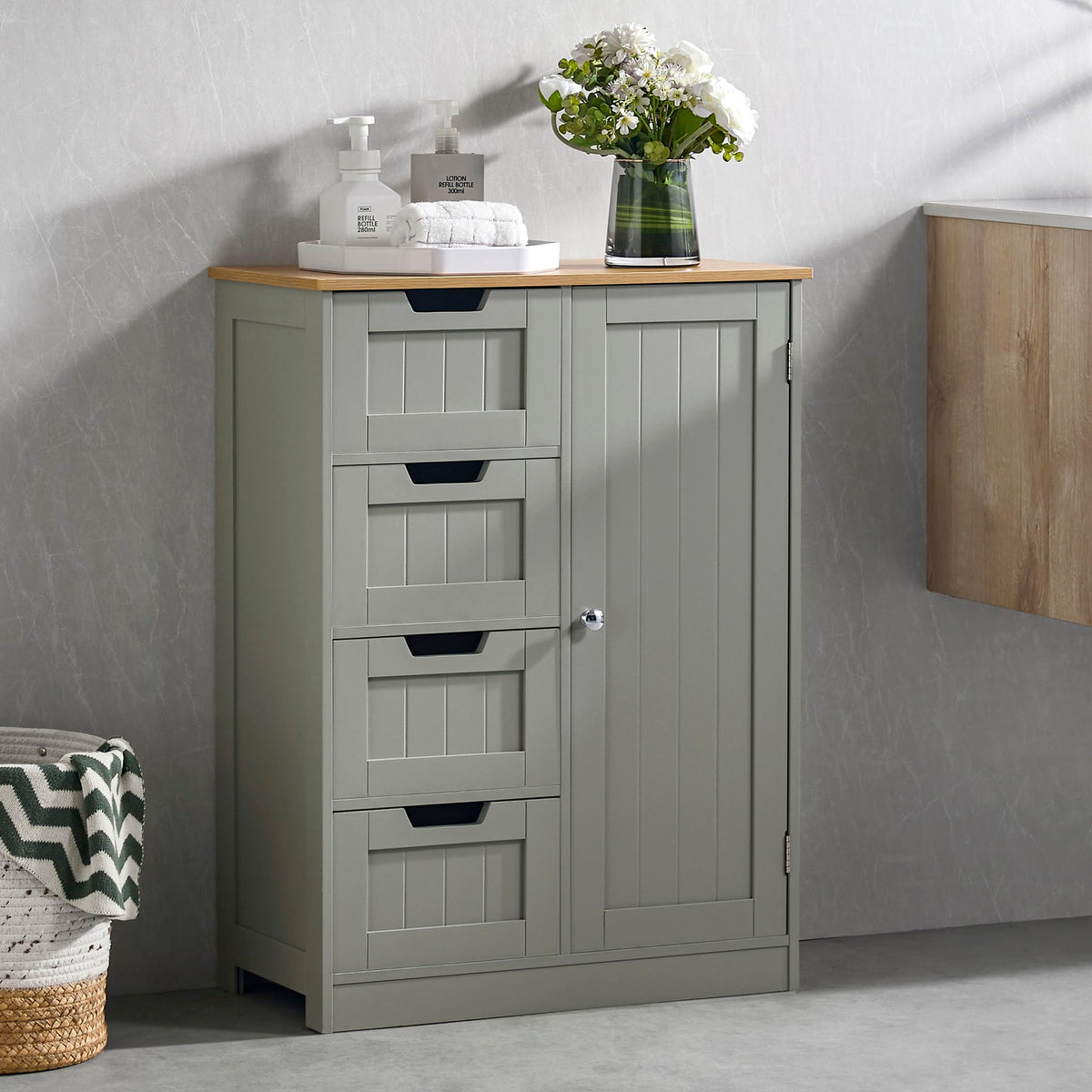 Bath Vida Freestanding Bathroom Floor Cabinet, 4 Drawers & 1 Door Wooden Storage Unit, with Adjustable Shelf for Bathroom, Living Room, Kitchen,