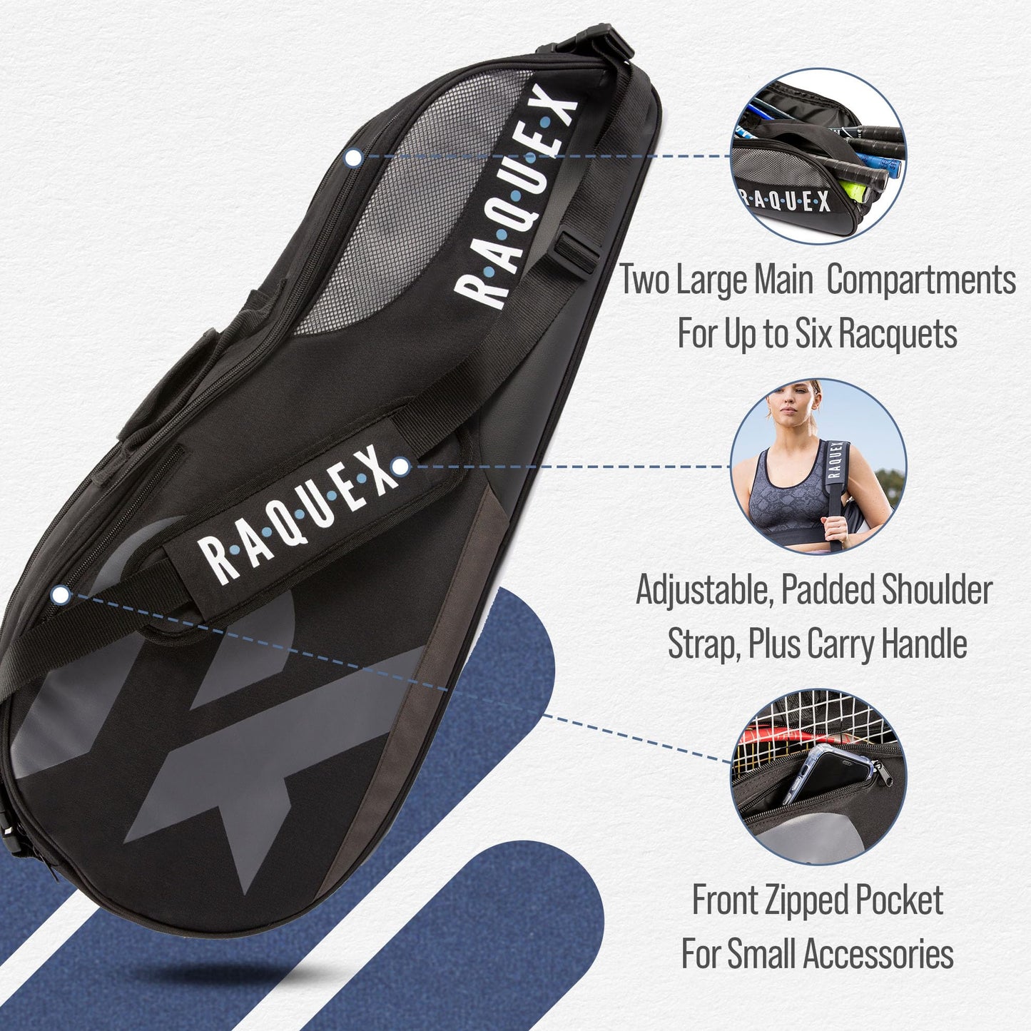 Raquex Tennis Bag - Racket Bag for Tennis, Badminton & Squash Racquets. Blue, Black or Magenta. Badminton Bag, Holds up to 6 Racquets + Accessories +