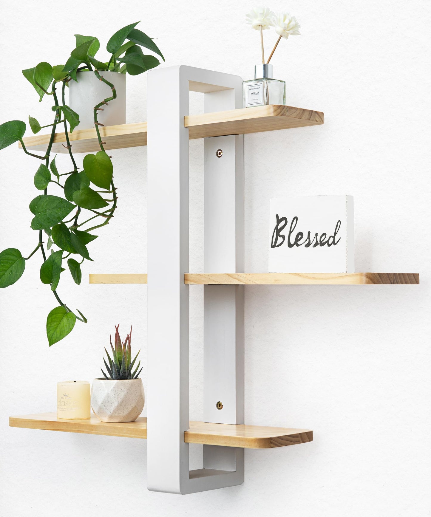 SUMGAR Floating Shelves White for Wall Mounted Shelving Unit All Pine Wood 50CM 3 Tier Large Shelf for Bedroom Living Room Office Bathroom Home