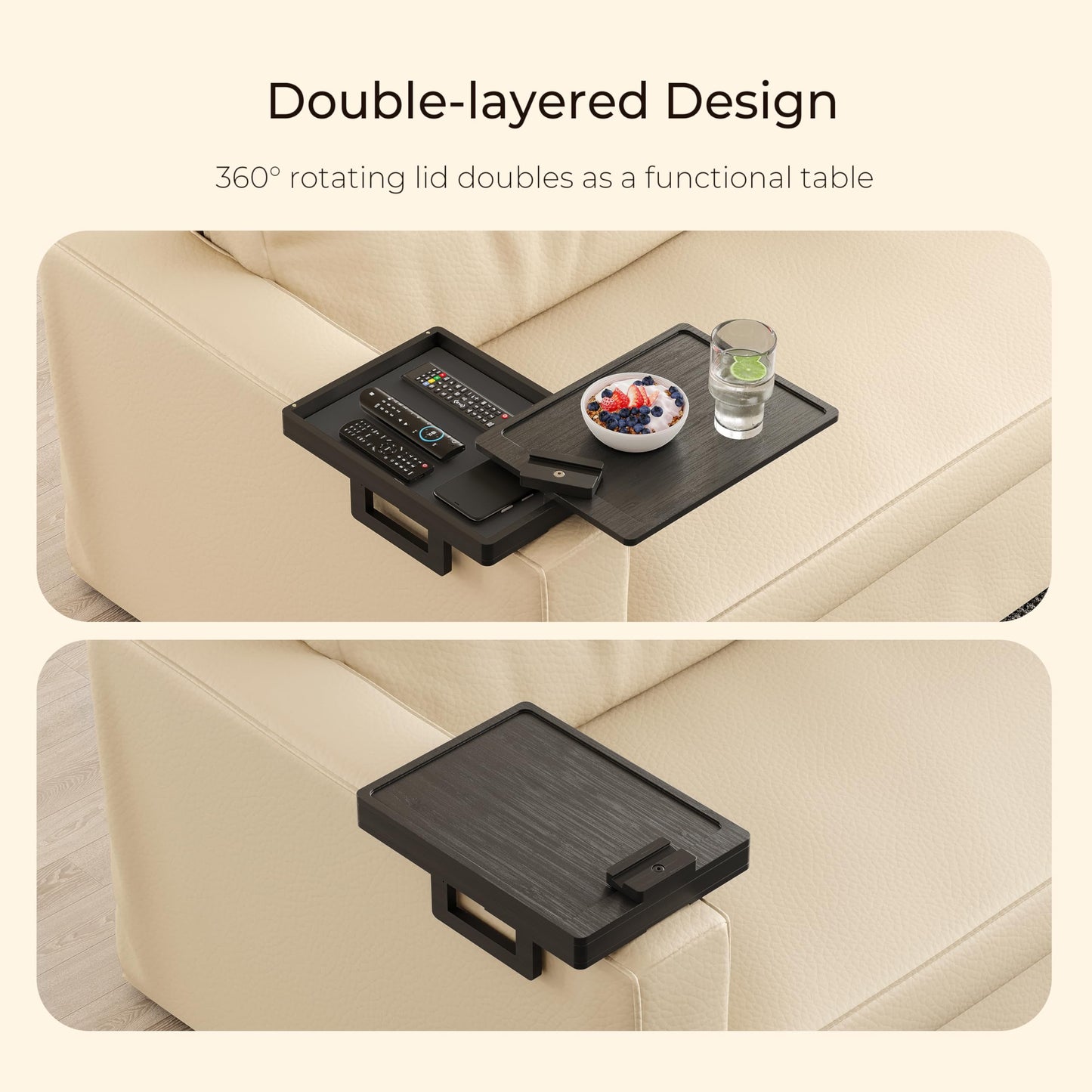 Wealone Black Couch Arm Tray for Wide Couch, Bamboo Sofa Arm Clip Table with Storage Box, Armrest Tray with 360°Rotating Phone Holder