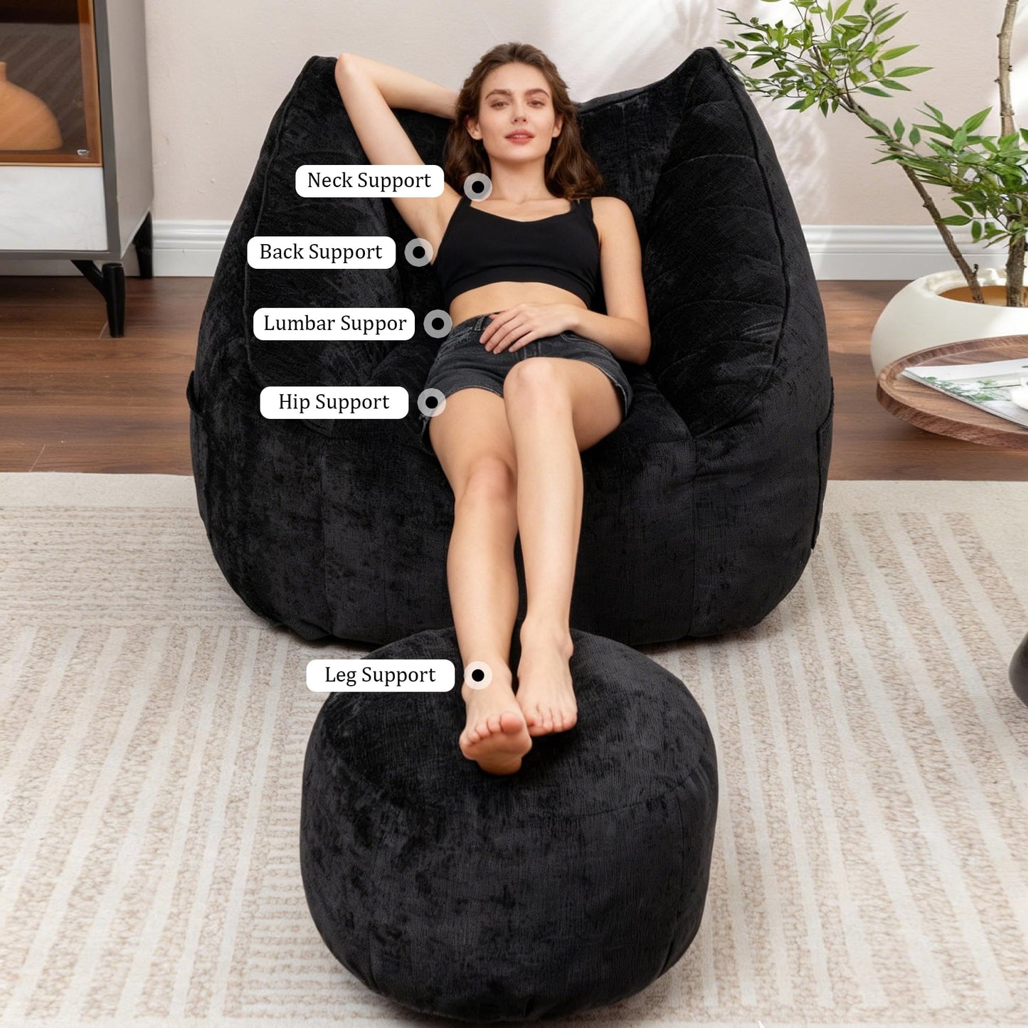 MINCETA Giant Bean Bag Chair with Ottoman, Oversized Beanbag Chair with Back Support,Comfy Bean Bag Couch for Living Room, Bedroom, Black