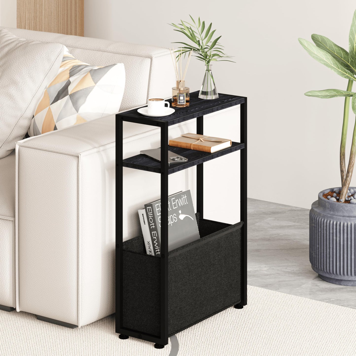 JERX Narrow Side Table with Fabric Basket, End Table for Small Spaces, Slim Side Table with Magazine Rack for Living Room Office Bedroom and Bathroom