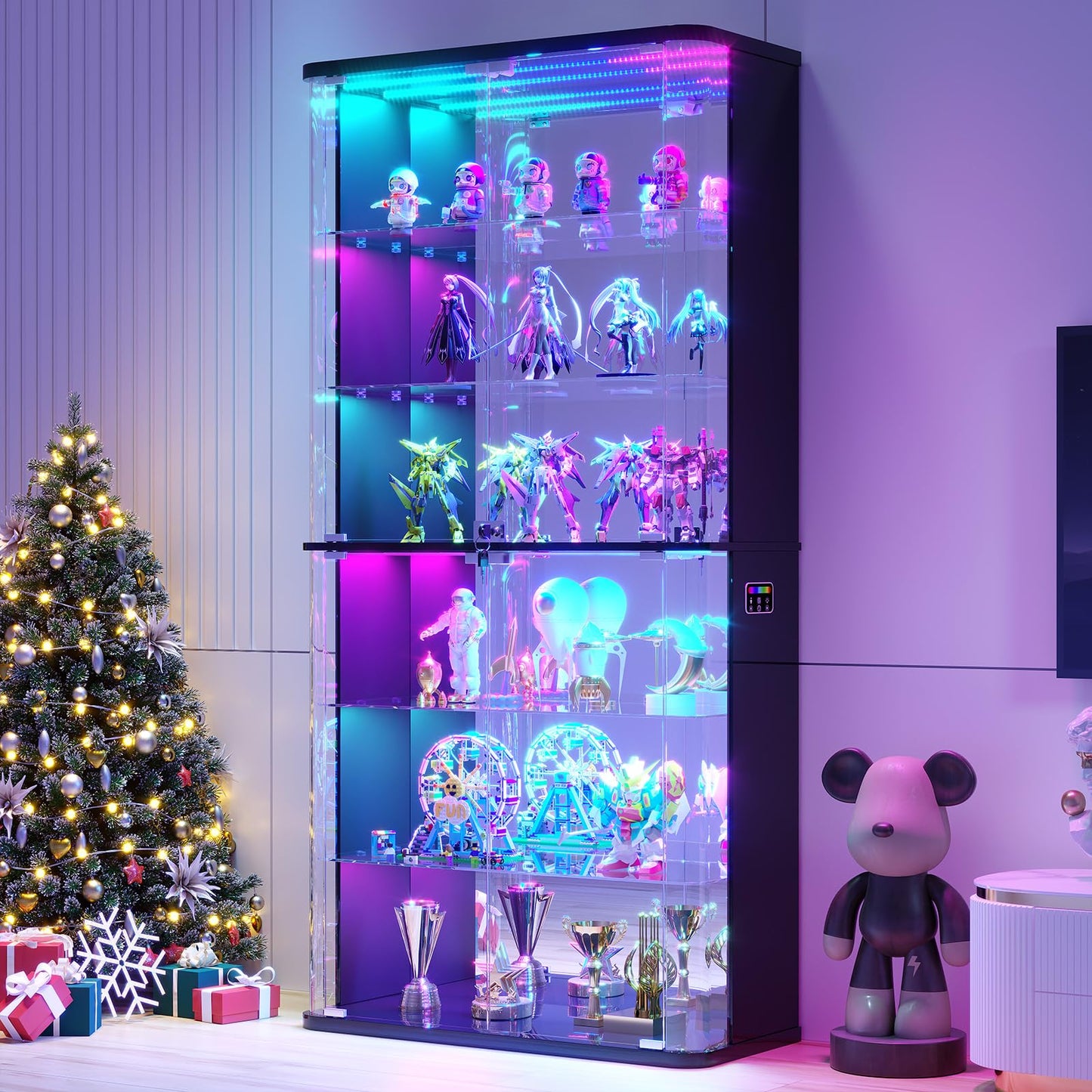 FREDEES Display Cabinet with Glass Doors and RGB Light, 6-Tier, Black