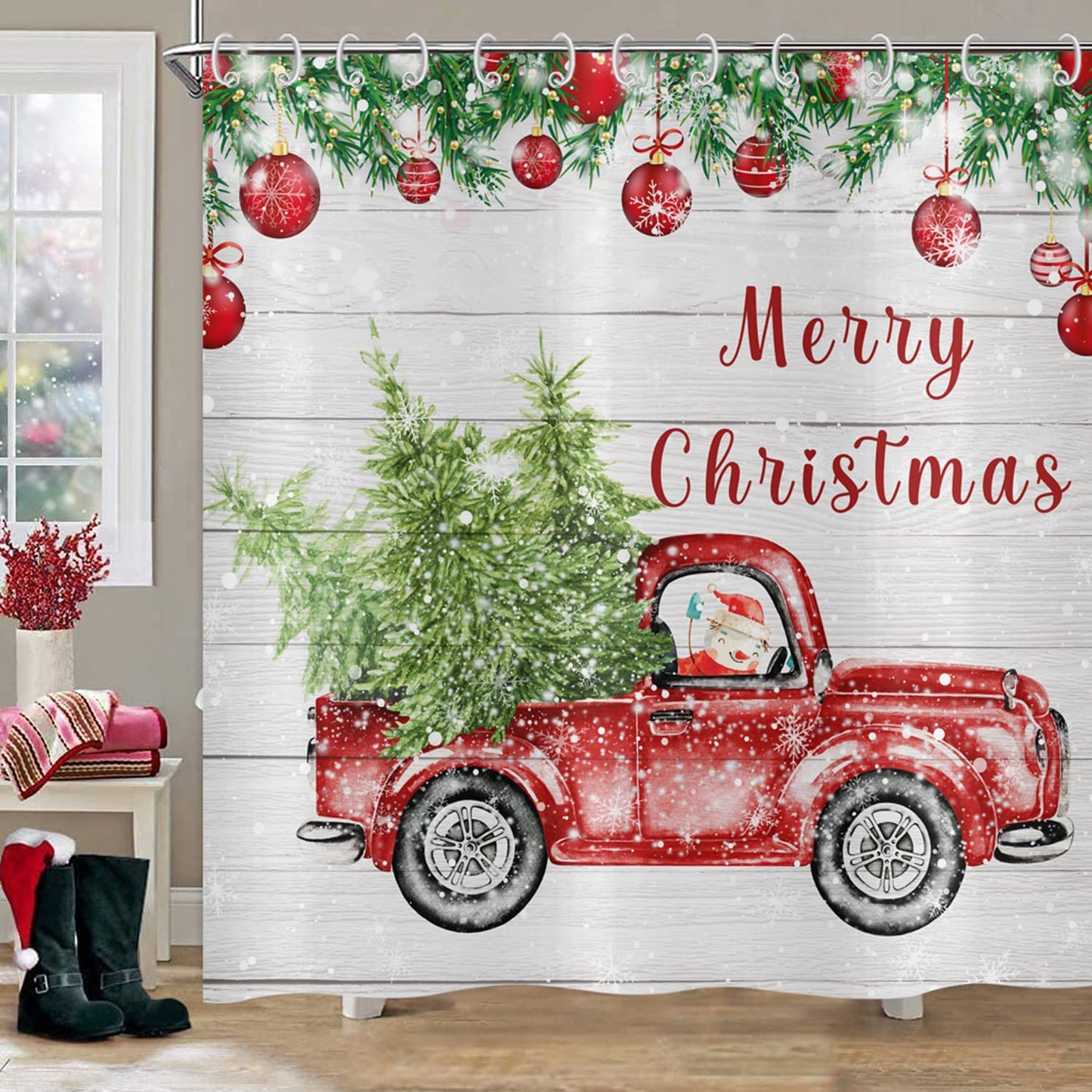 ASDCXZ Christmas Shower Curtain 180 x 200 cm, Retro Wood Grain Red Truck Snowman Christmas Tree Bathroom Washable Shower Curtains Polyester Textile