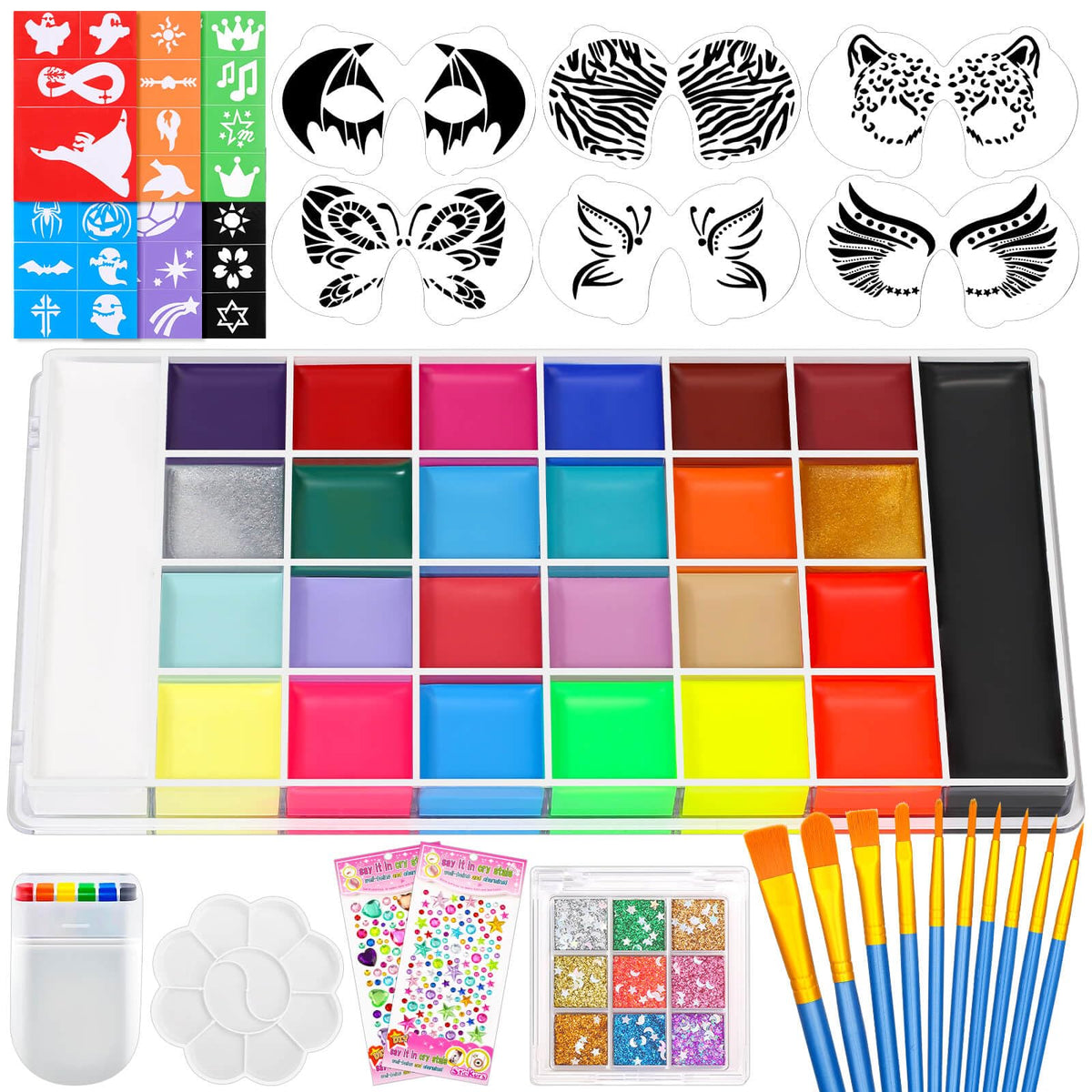 Professional Face Painting Kit, 26 Colors Oil Palette Face Paint with 6 Stencils, 41 Stencil Stickers, 10 Brushes, 9 Body Glitter, 2 Sheets Adhesive