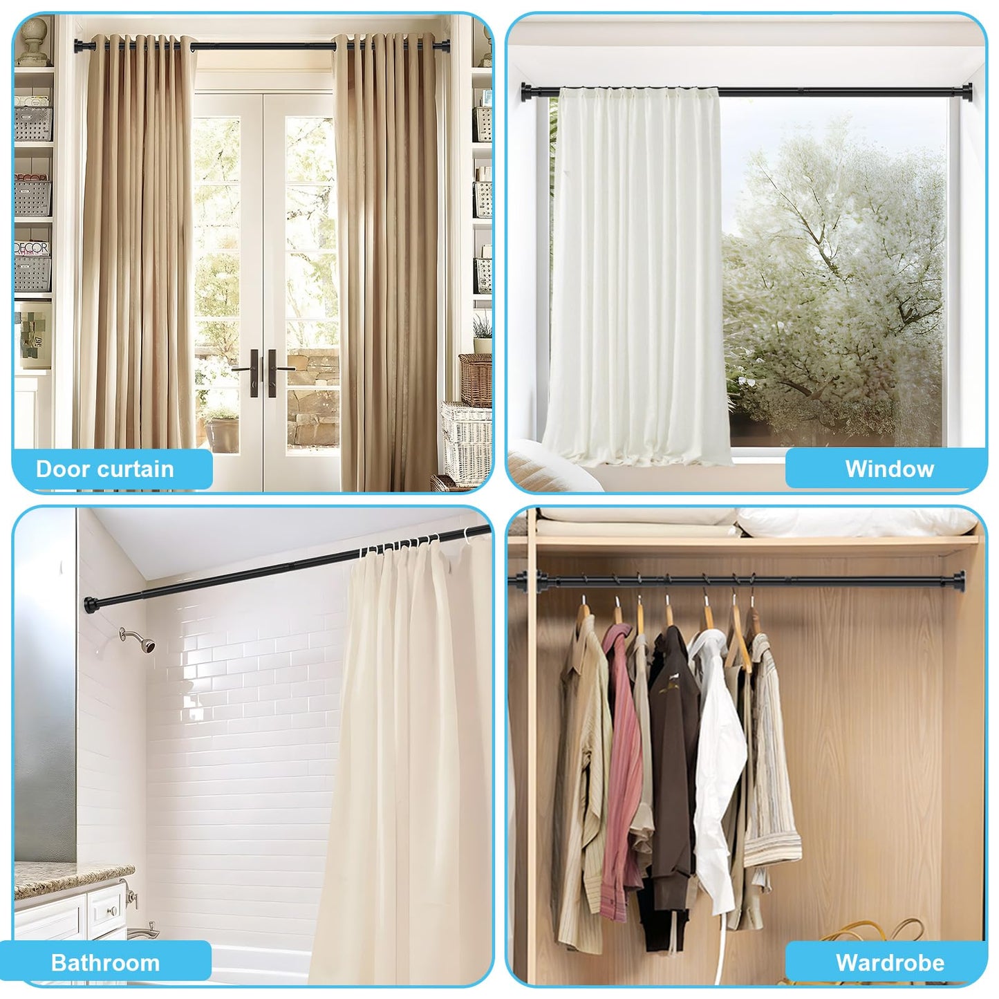 2PCS WEIXINHAI Shower Curtain Pole,Extendable Curtain Poles 79-195 Cm,Shower Poles Extendable No Drill,Shower Curtain Rail Non-Slip,Black Shower Pole