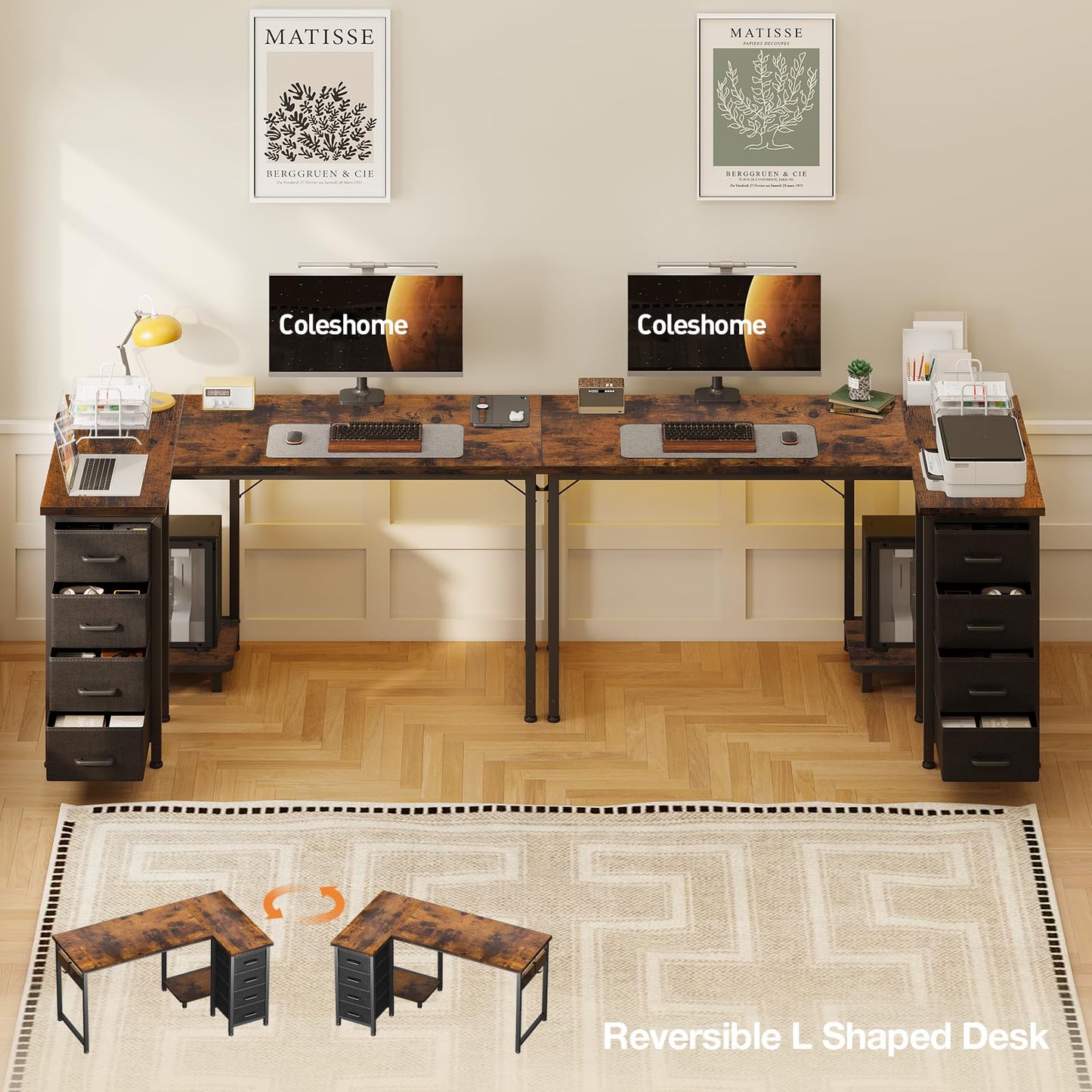 Coleshome Small Corner Desk with Drawers for Home Office, 120x70 cm, Brown