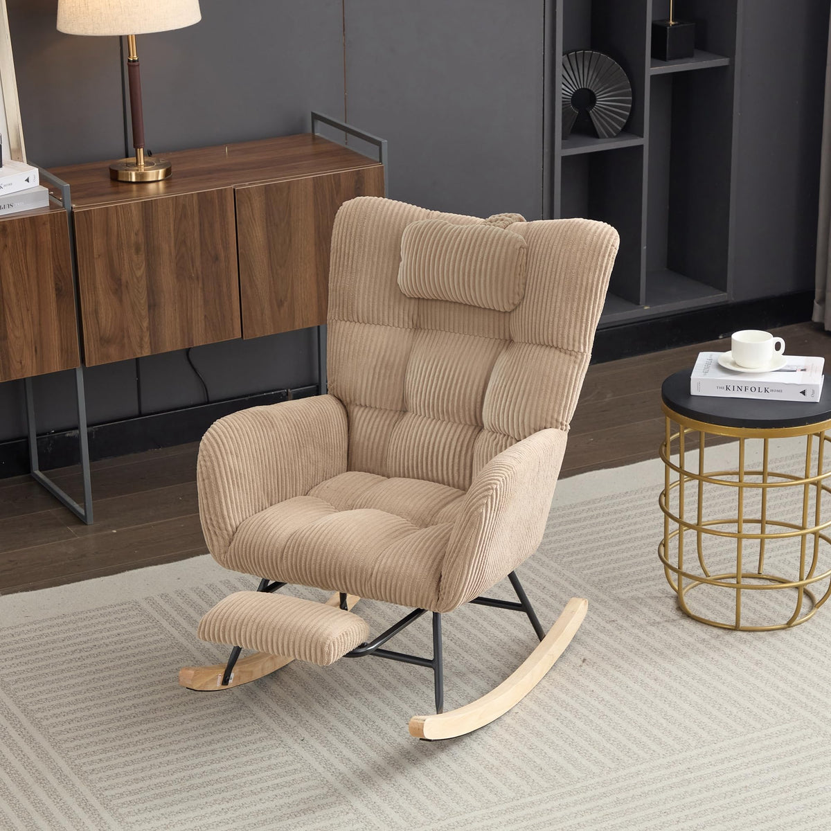 ModernLuxe Rocking Chair Fabric Lounge Armchair with Wooden Rocker Legs,Adjustable Footrest & Headrest, Side Pocket Storage, High Backrest – Brown