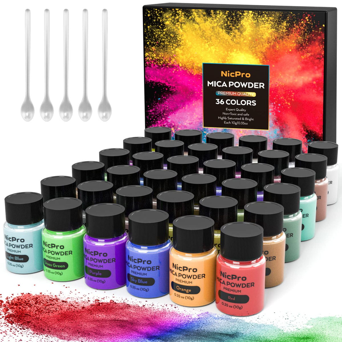 Nicpro Mica Powder, 36 Colours x 10 g Pearlescent Epoxy Resin Pigment Metallic Powder for Epoxy Resin, Soap Paint, Jewellery Making, Nail Polish,