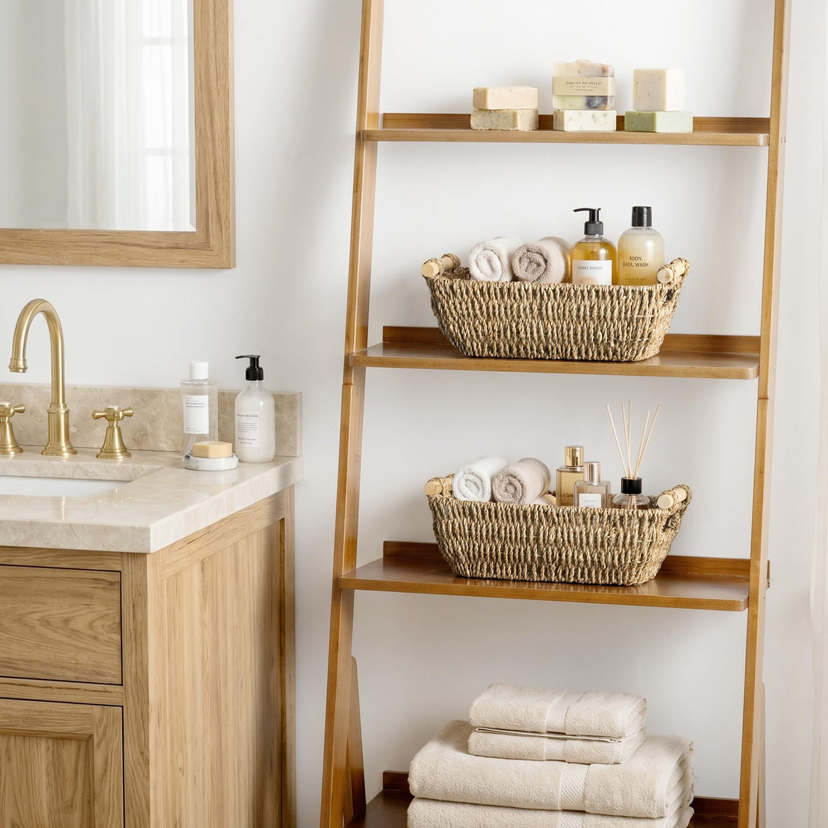 StorageWorks Wicker Storage Baskets for Shelves, Seagrass Shelf Storage Basket, Woven Box Organiser with Wooden Handles