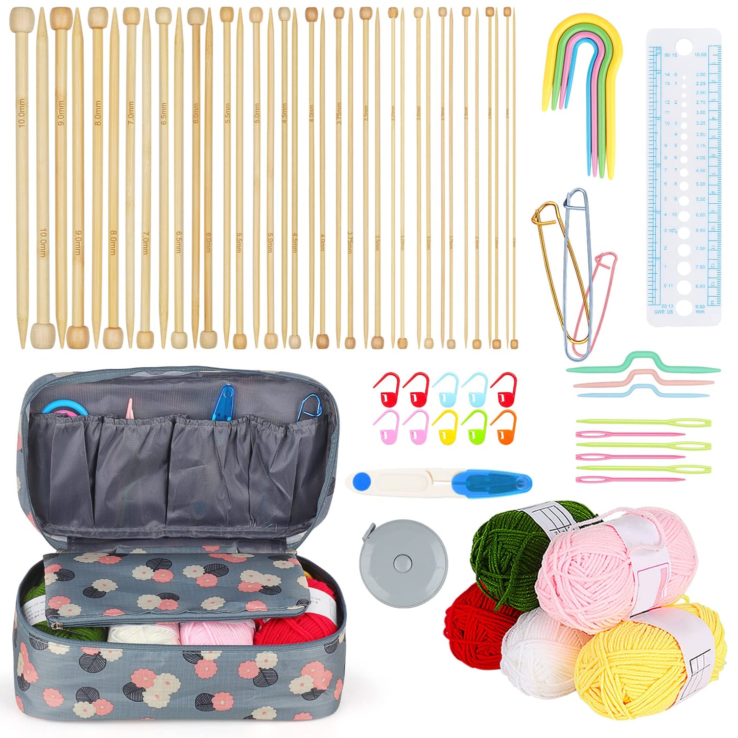 Aeelike Knitting Needles Set, Knitting Kits for Beginners Adults, Knitting Set with Wool, 18 Pairs of 2-10mm Bamboo Knitting Needles 25cm and