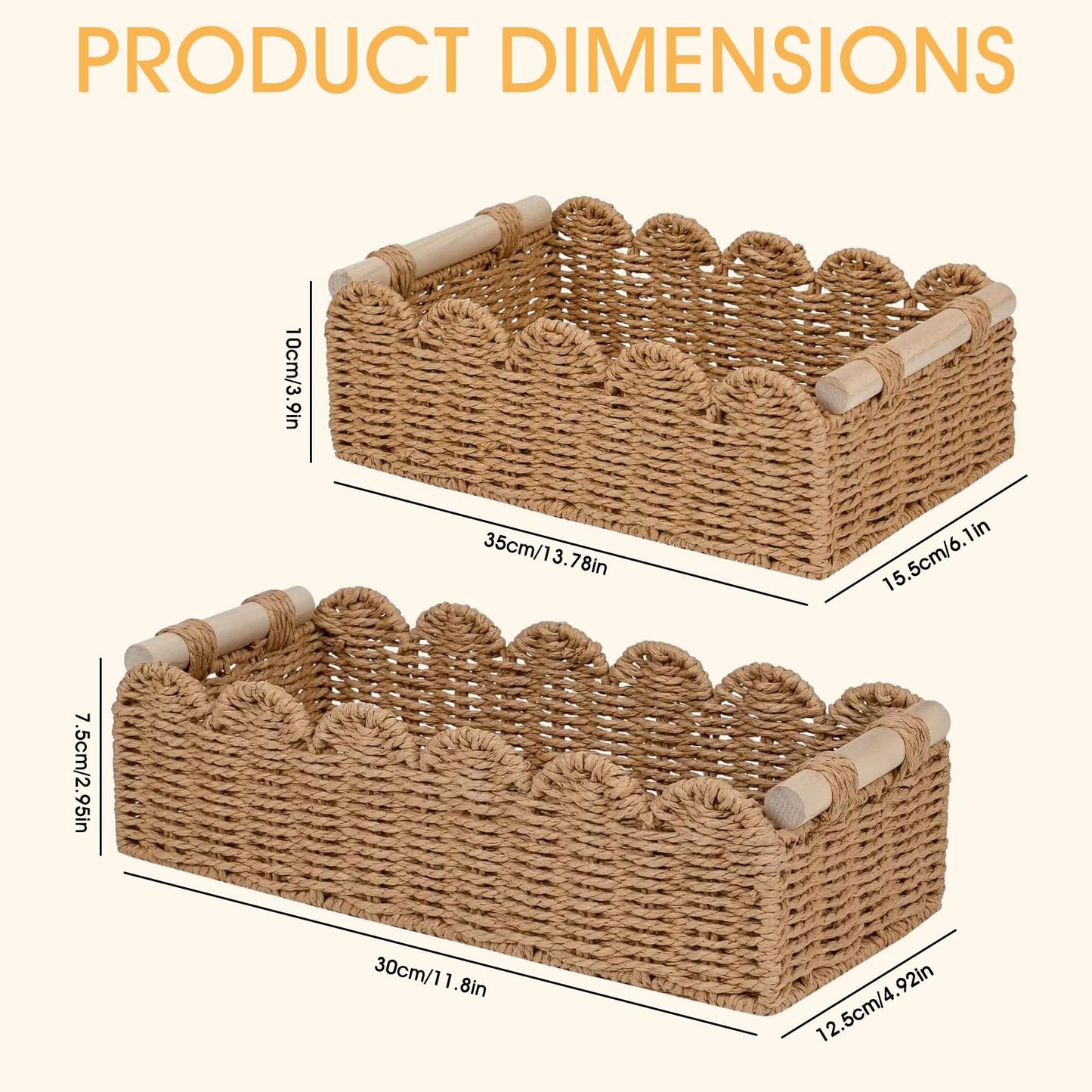 Storage Baskets Set of 2, Woven Wicker Hamper Basket with Handles, Scalloped Edge Rope Toilet Paper Tray, Organizer Bins for Bathroom, Shelf, Kitchen