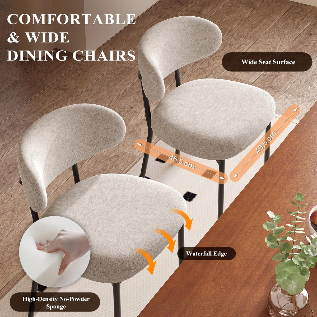 MALOL Dining Chairs Set of 4, Fabric Chairs for Dining Room with Metal Legs & Curved Backrest & Thick Cushion