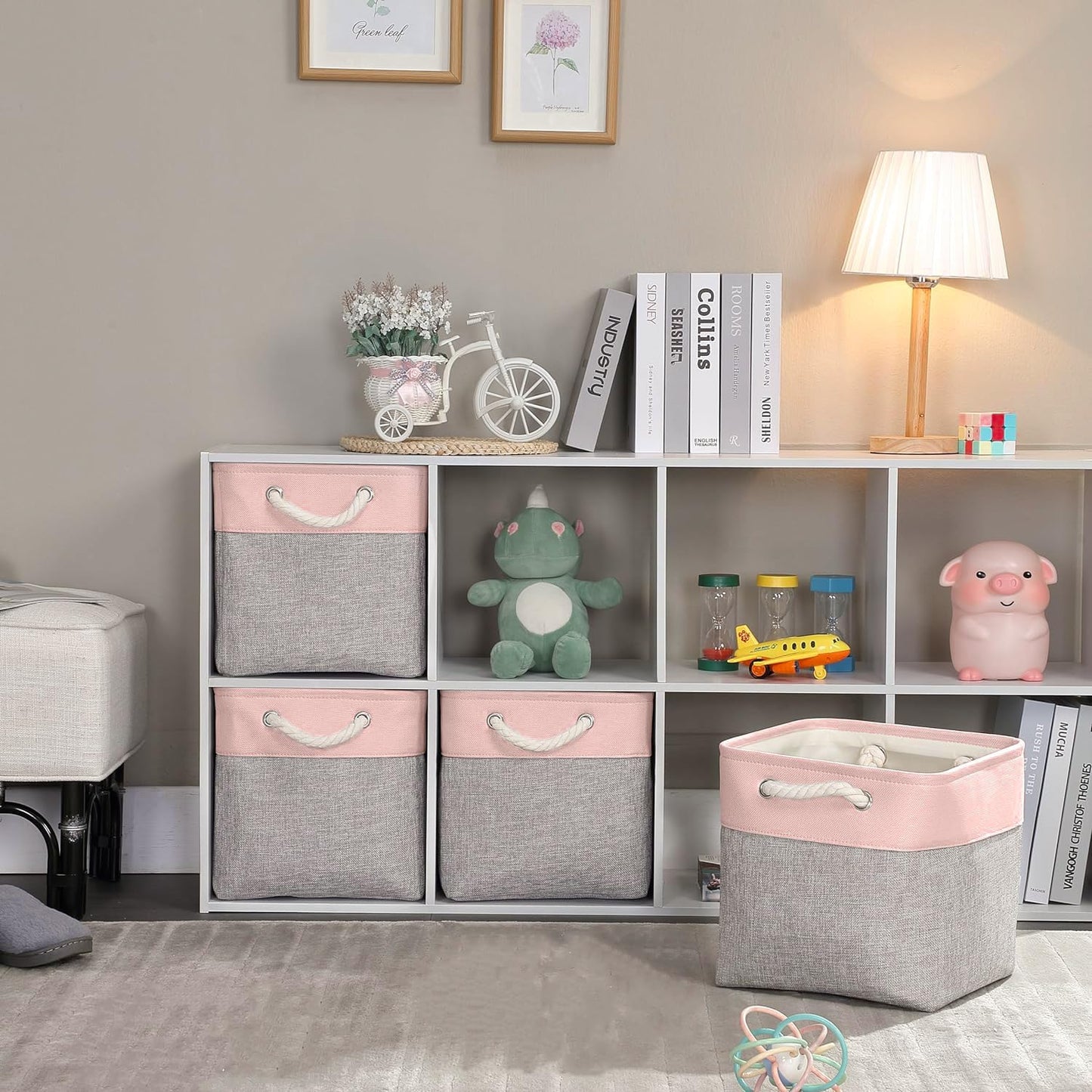 Mangata Canvas Cube Storage Boxes, 25x25x25cm Storage Baskets for Shelves Organizing Clothes Nursery Home(Grey/Pink, Set of 4)