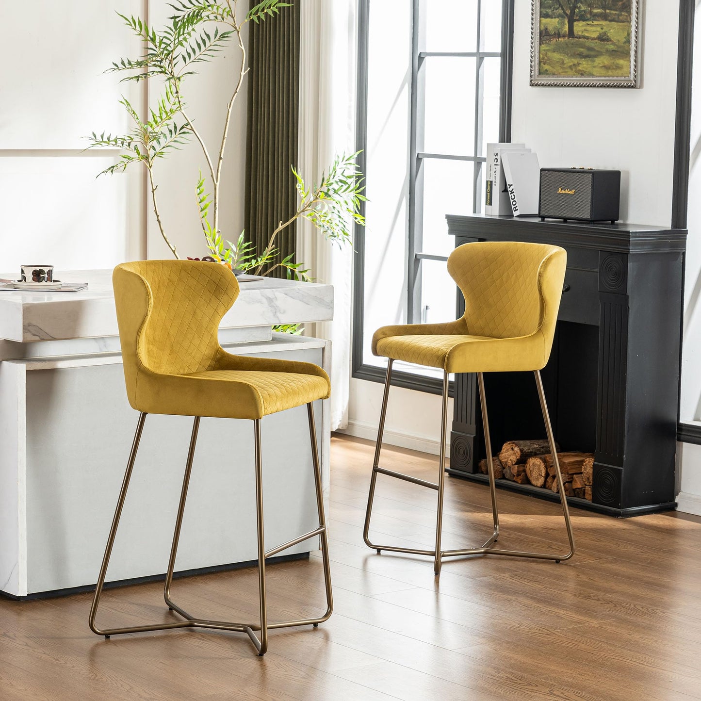 younturn Modern Velvet Bar Stools Set of 2, 70cm Seat Height Barstools with Quilted Backrest, Gold Metal Legs and Footrest, Stools for Kitchen Island