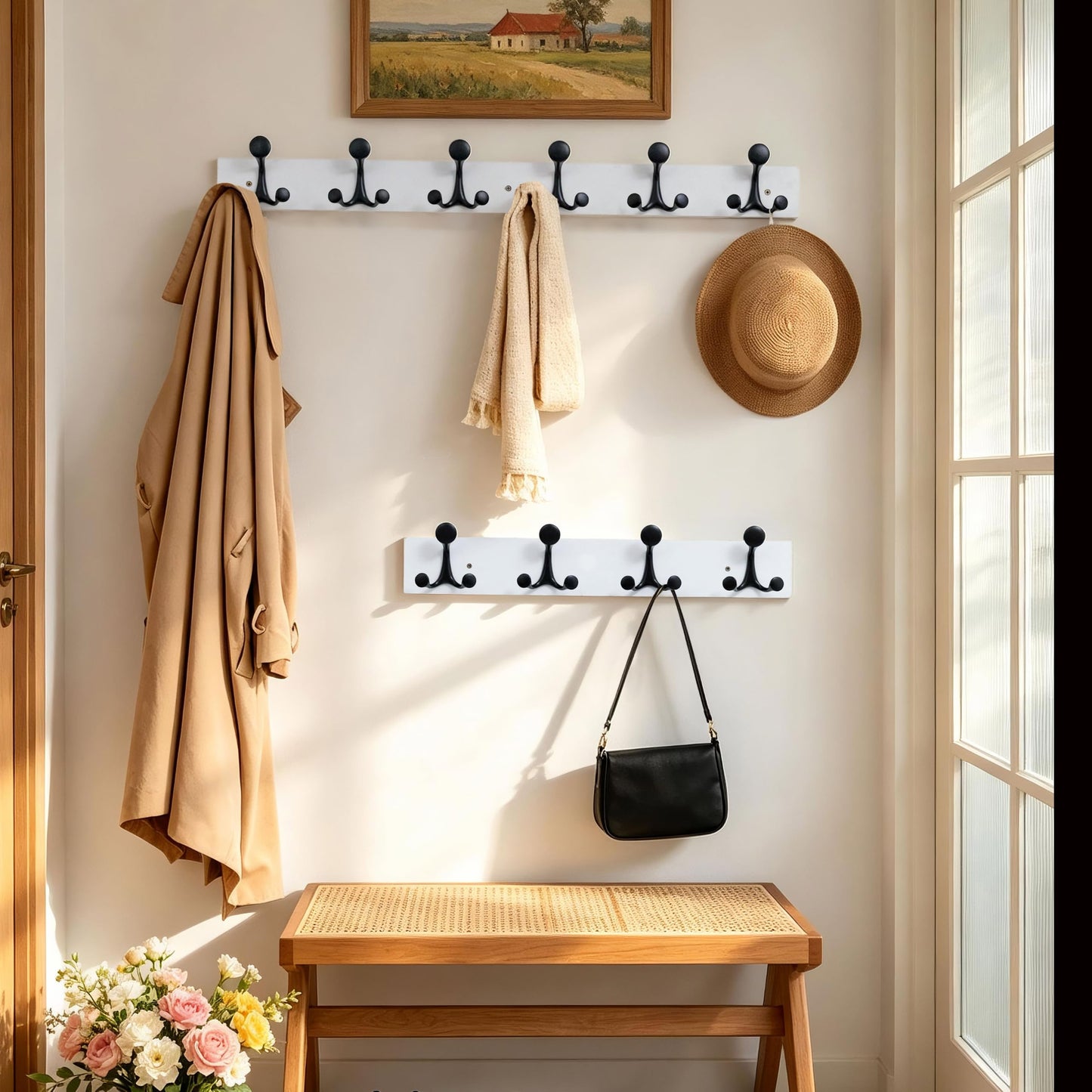 HONSKY Wall Mounted Coat Rack, 91cm White Pine Wood Base, 6 Black Sturdy Aluminium Alloy Triple Hooks(18 Hanging Points)