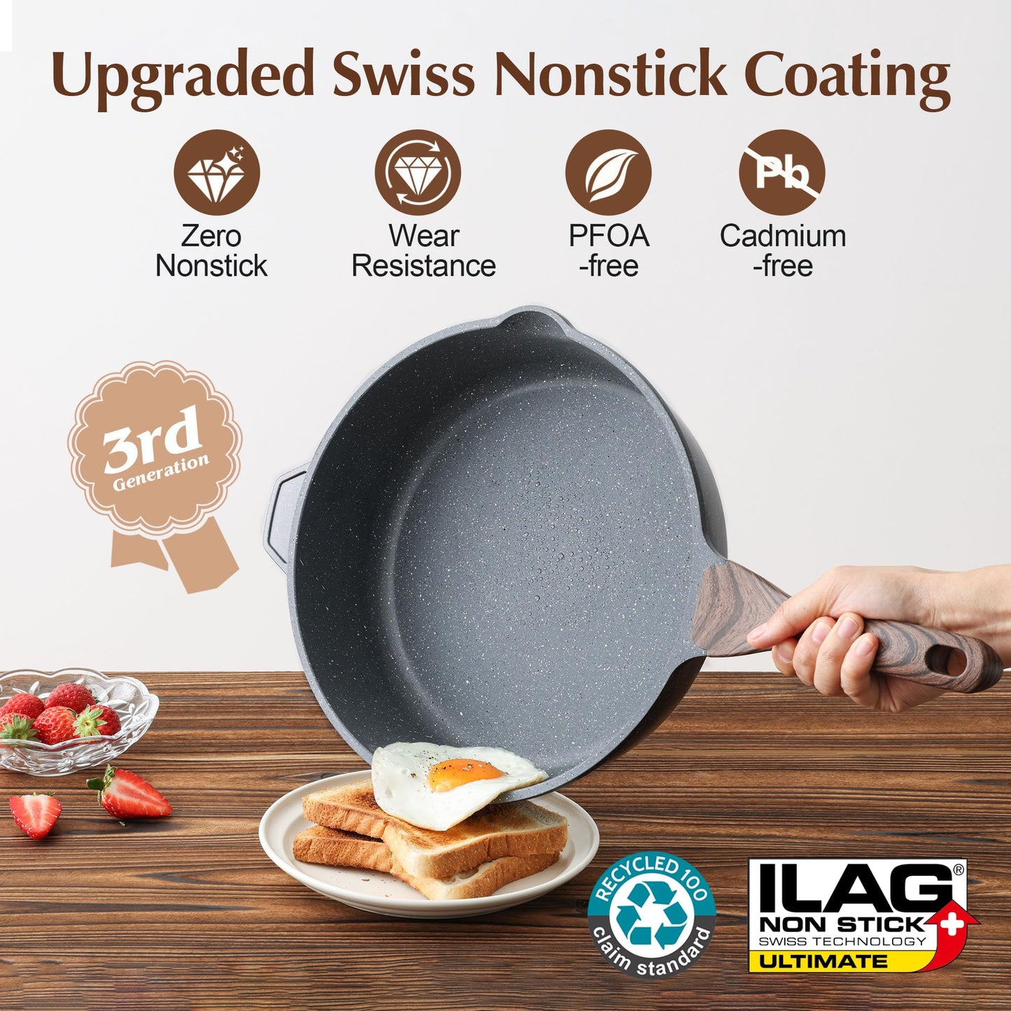 SENSARTE Nonstick Deep Frying Pan, 28 cm/4.8 Litre Saute Pan Skillet with Lid, Stay-Cool Handle, Chef Pan Healthy Stone Cookware Cooking Pan,