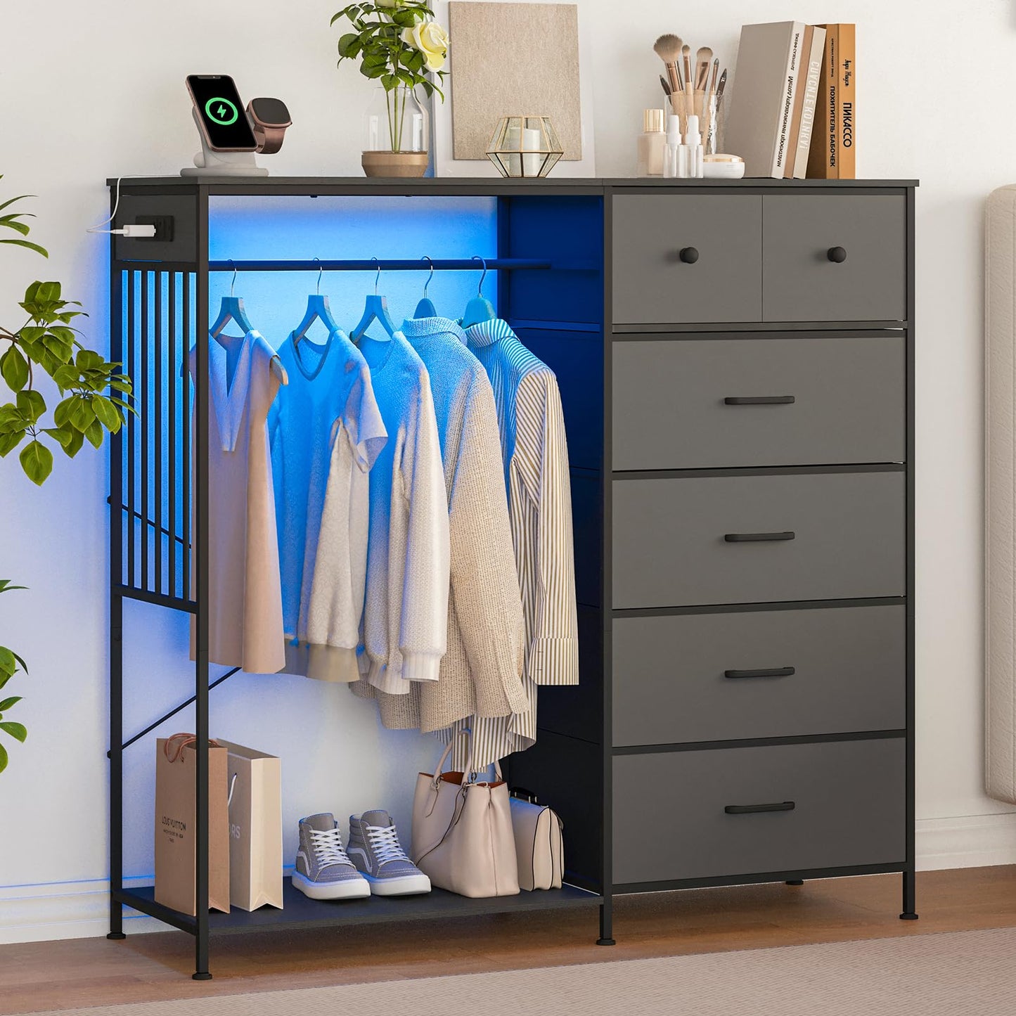 GarveeLife 49.2" w Drawer Cabinet with Hanging Rod - Metal Frame Drawer Cabinet, 6 Drawer Storage Cabinet, Led Lights & Charging Station