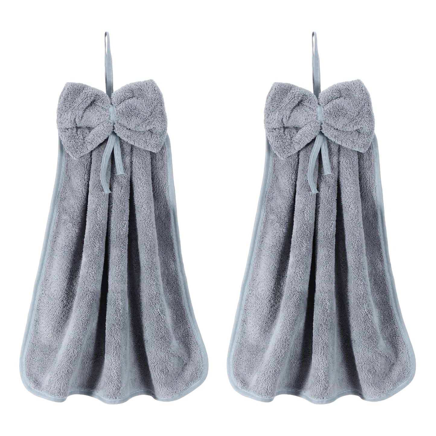 sourcing map 2Pcs Bow Hand Towels with Hanging Loop, 14.2" x 12.2" Soft Coral Fleece Microfiber Bowknot Hanging Hand Dry Towels Quick Dry and