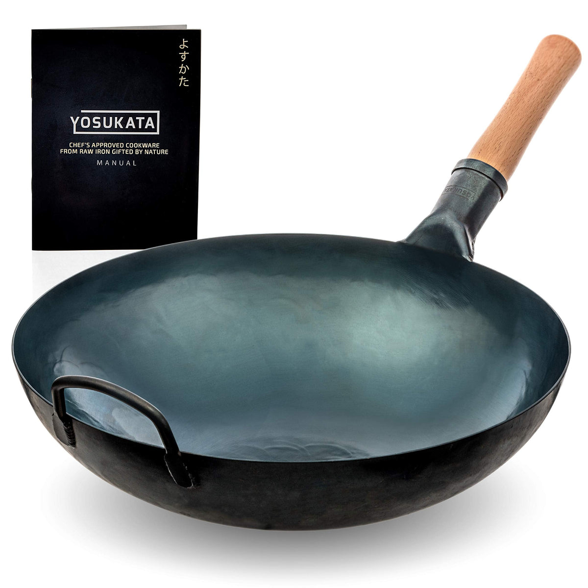 YOSUKATA Blue Carbon Steel Wok and Stir Fry Pans 36 cm- Chinese Hammered Round Bottom Pow Wok - Traditional Chinese Japanese Cookware - Blue Steel