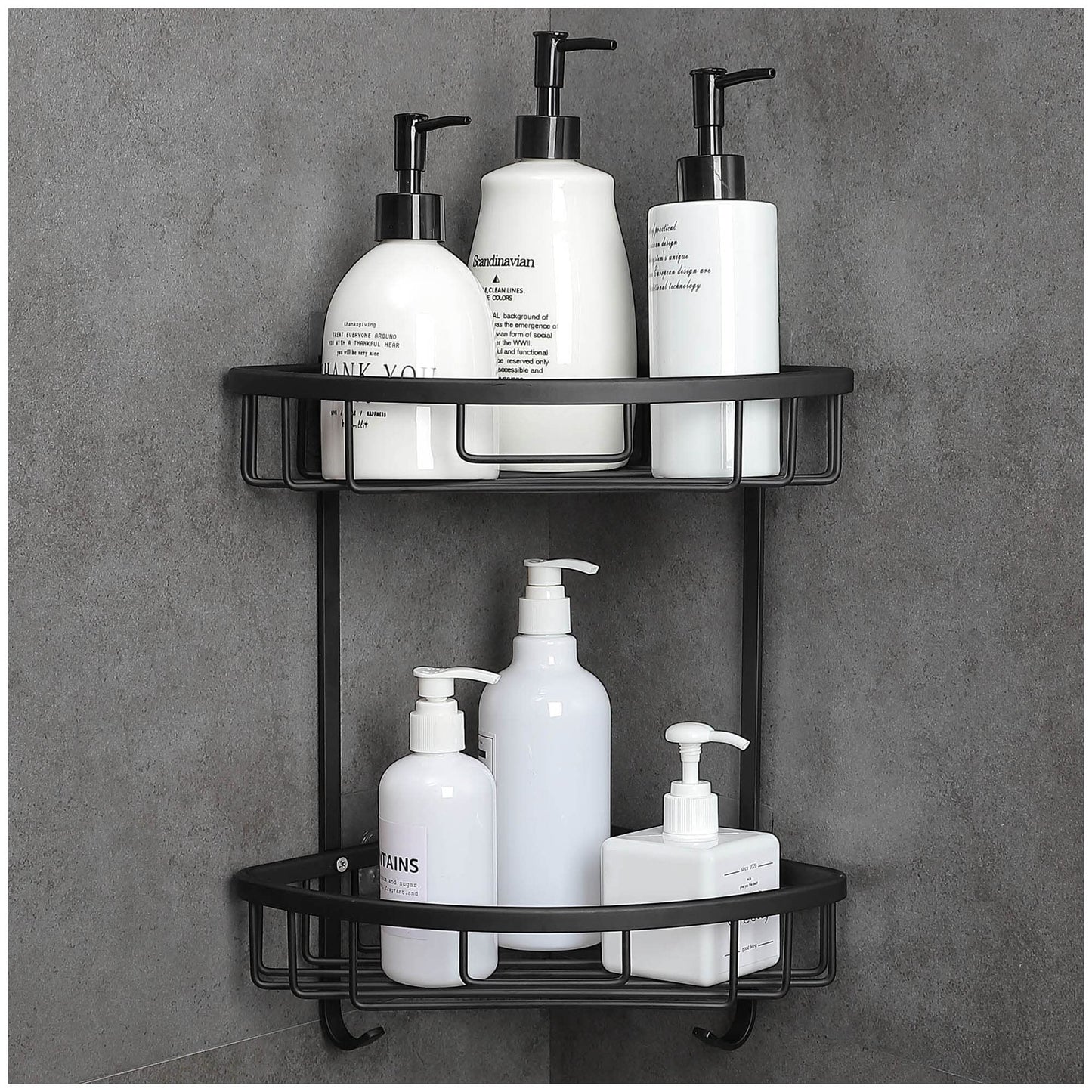 GRICOL Shower Corner Shelf No Drilling Space Aluminum Wall Mounted with Stickers Triangular Adhesive Caddy Basket for Bathroom 2 Level (Black)