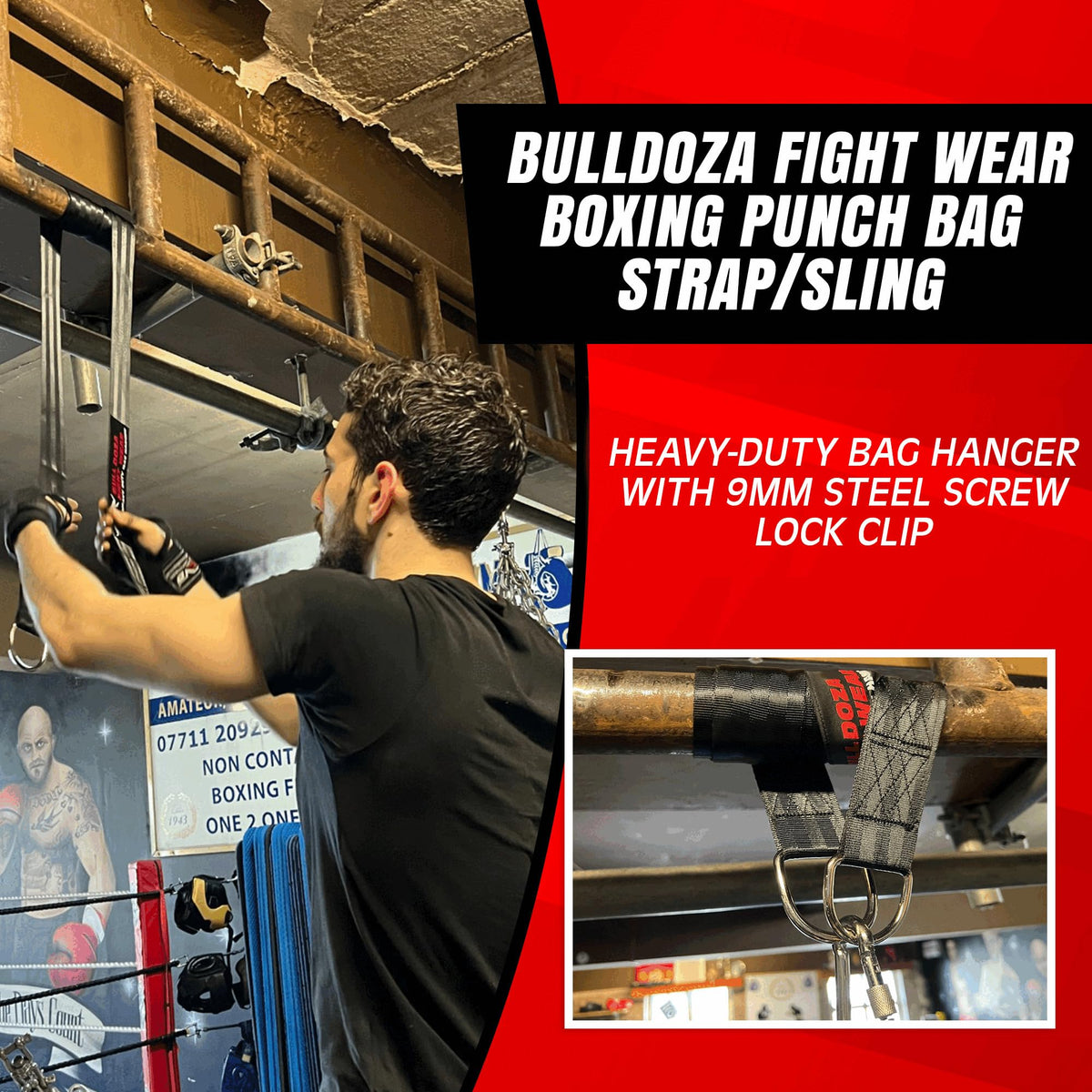BULL DOZA FIGHT WEAR Boxing Punch Bag Strap/Sling ? Heavy Duty Bag Hanger with 9mm Steel Screw Lock Carabiner - 500lbs Bag Holding Capacity Strap