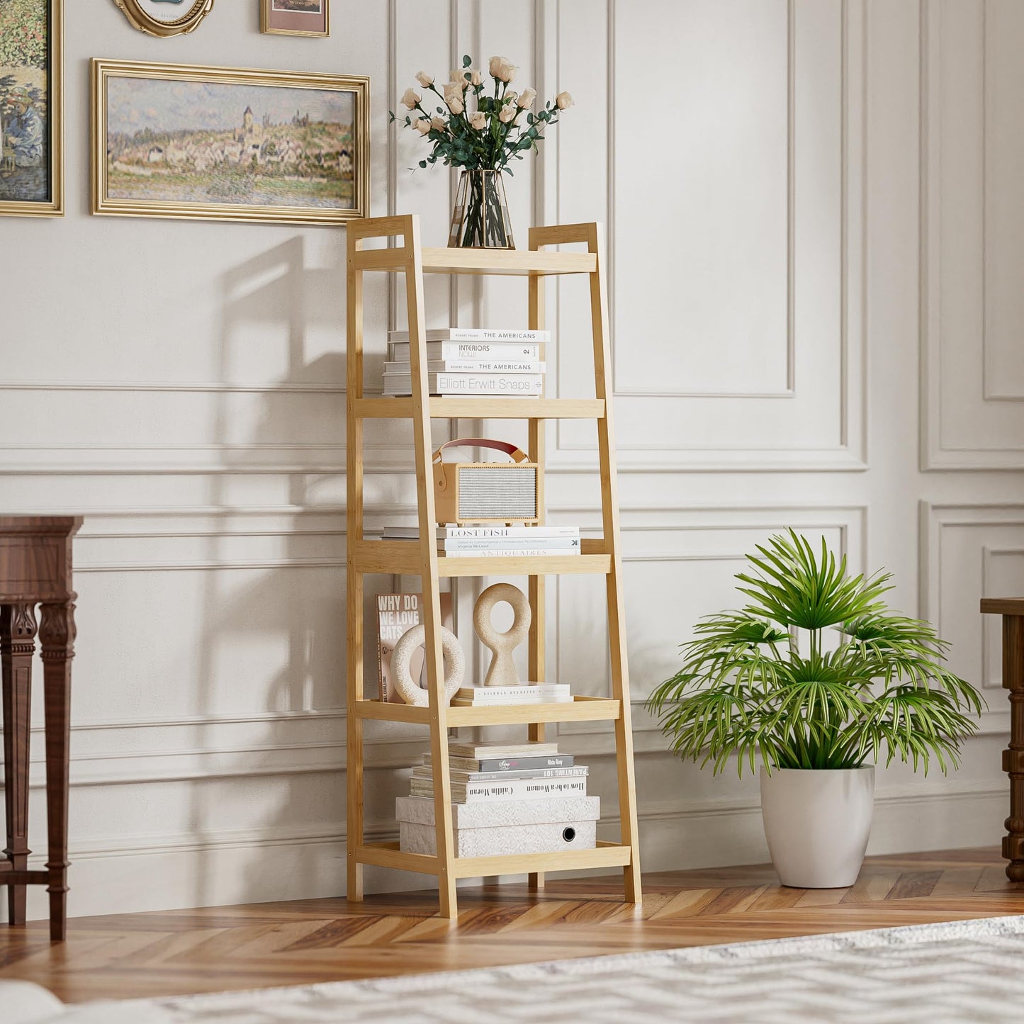 SMIBUY Bamboo Ladder Bookcase, Bathroom Storage Rack Organizer, 4 Tier and 5 Tier Freestanding Plant Display Stand Space Saver Shelves for Bedroom