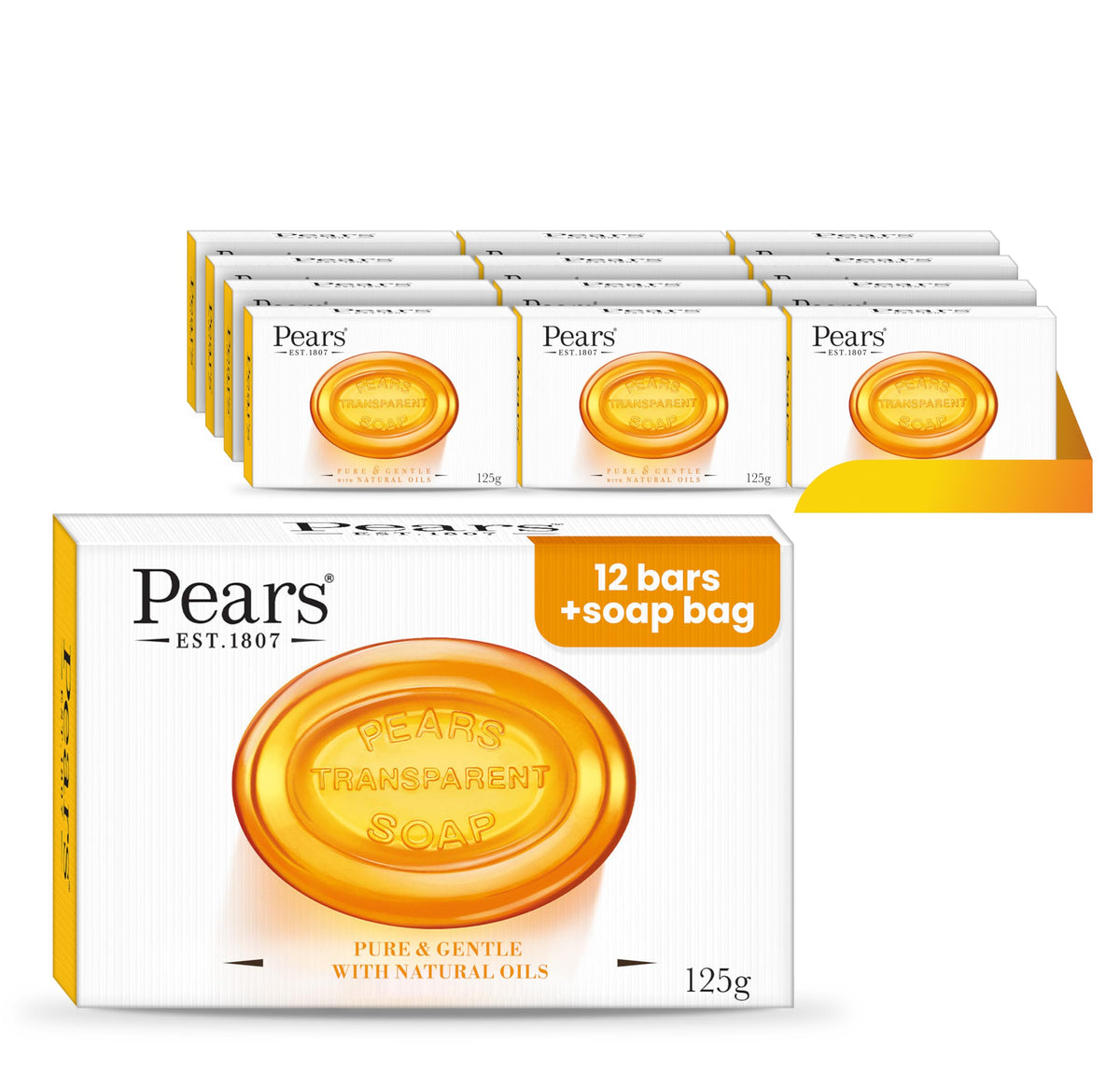 Pears Natural Amber Soap Bars 125g 12 Pack + 1x Soap Bag