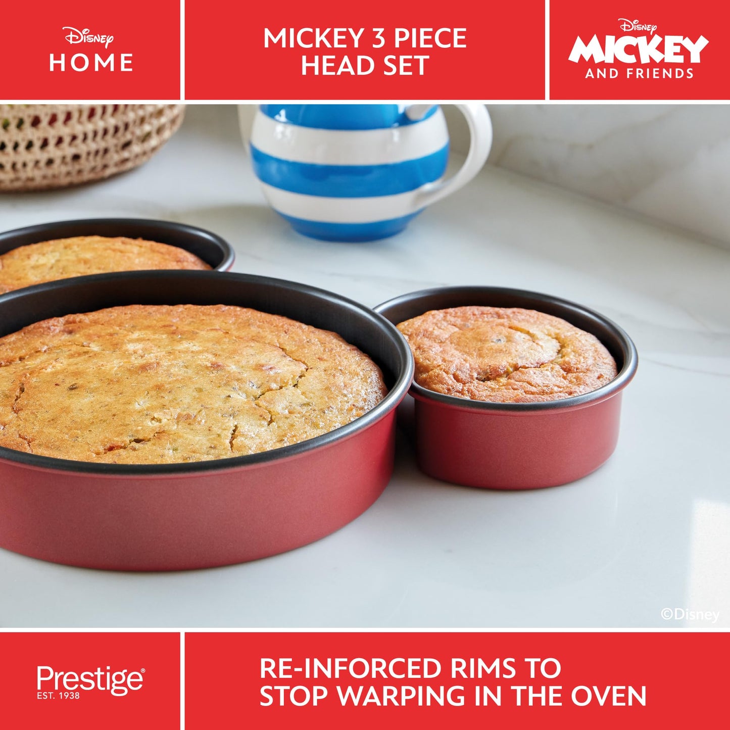 Prestige New Disney Bake with Mickey Mouse Bakeware Set with 3 Piece Mickey Head Cake Tin and Silicone Spatula Set of 2