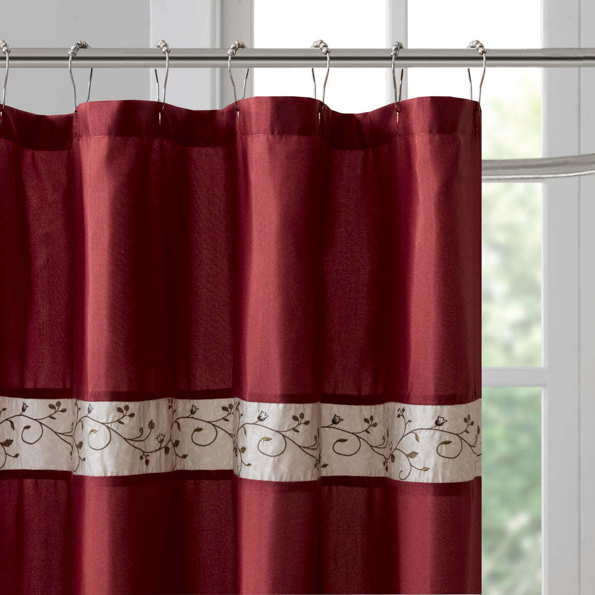 Madison Park Serene Flora Fabric Shower Curtain, mbroidered Transitional Shower Curtains for Bathroom, 72" x 72", Red