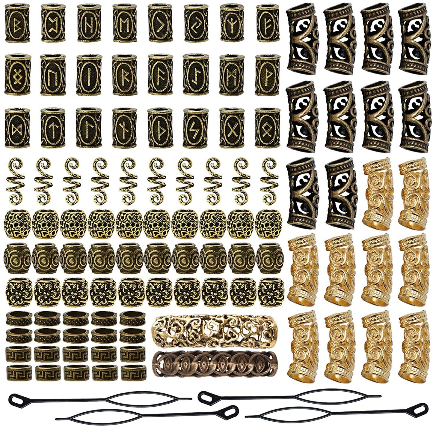 Queta Nordic Viking Rune Beads, Beard/Hair Braiding/Decorative Beads, Hair Headpiece Accessories, Woven Accessories (Gold)