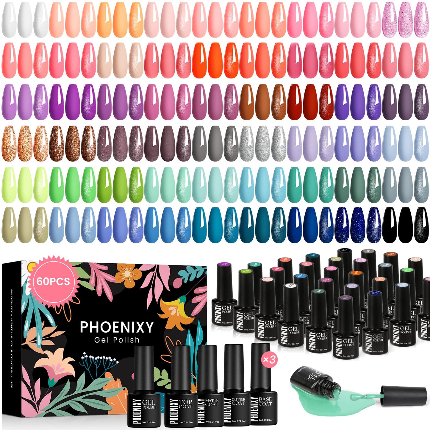 Phoenixy Gel Nail Polish Set, 54+6 PCS Gel Nail Polish with Glitter Matte Glossy Base Top Coat, Pink Blue Purple Nail Varnish Set Gift for Women