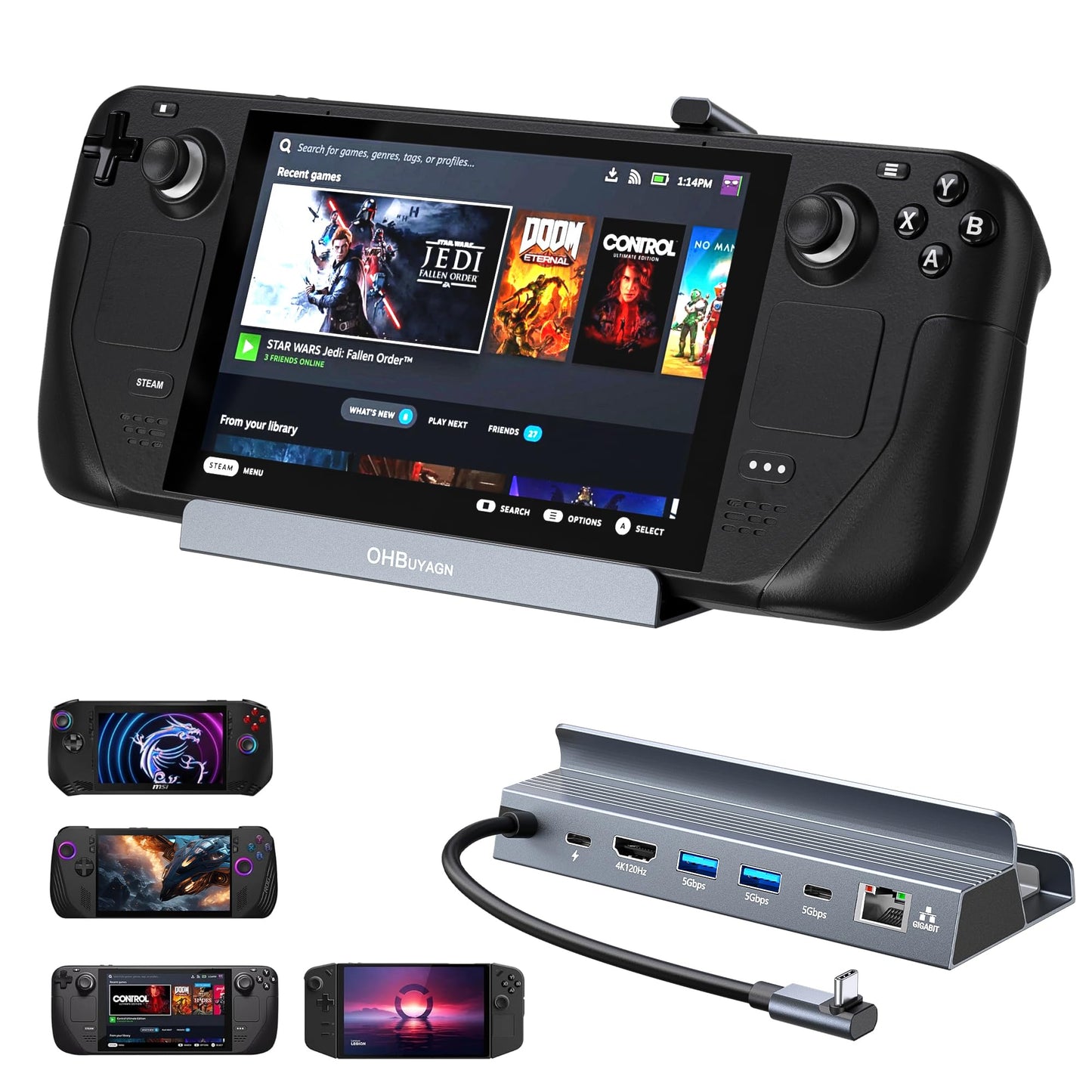 OHBUYAGN Steam Deck Dock, 6-IN-1 Docking Station with 4K@120Hz 2K@144Hz HDMI 2.1, Gigabit Ethernet, USB A & C 3.0, 100W PD 3.0 Fast Charging,