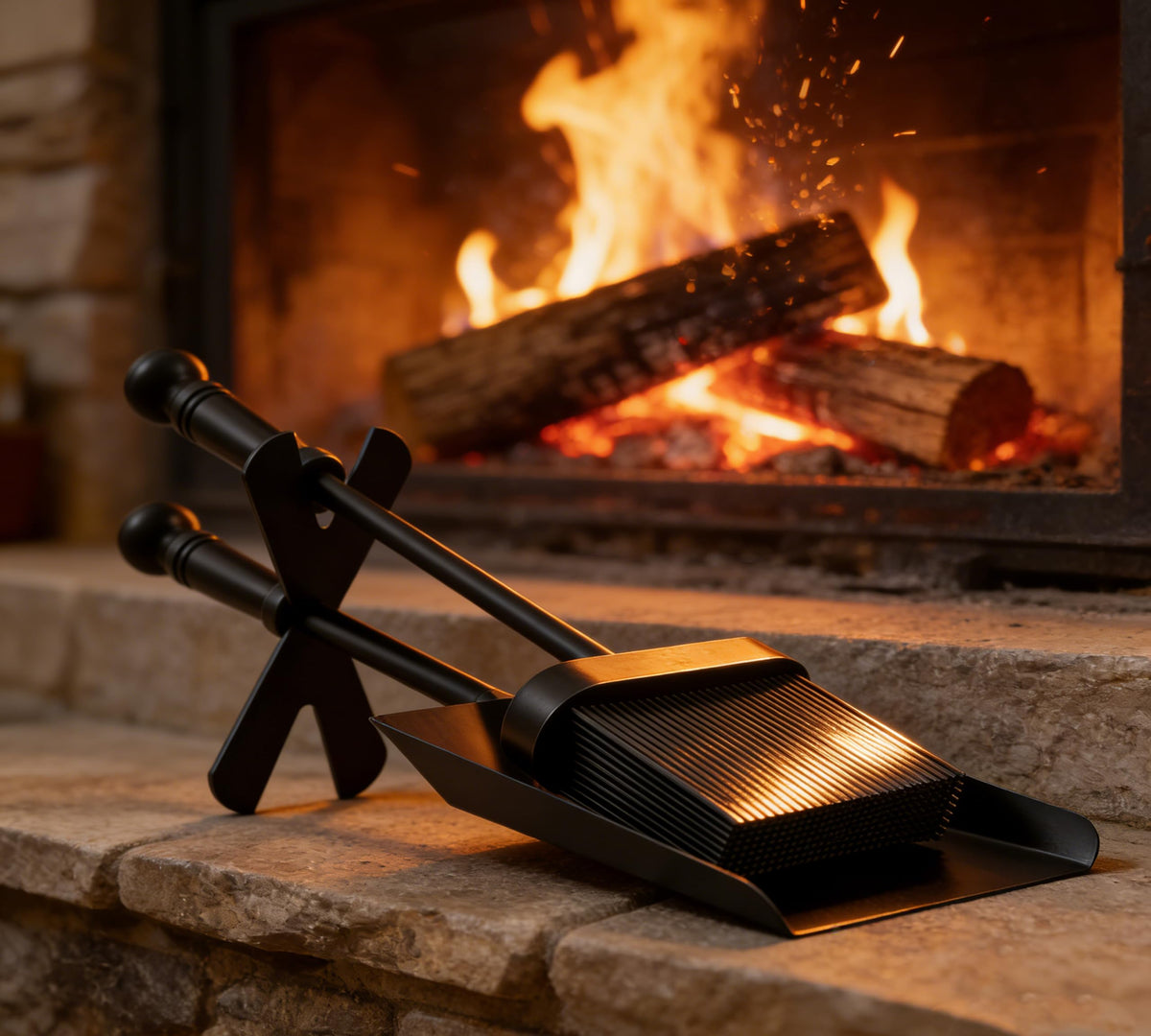 Kingson Fireplace Shovel and Brush Set with Stand ? Black Steel Fire Tidy Companion Tool Set ? Modern Hearth Cleaning Set ? Compact 38cm Length ?