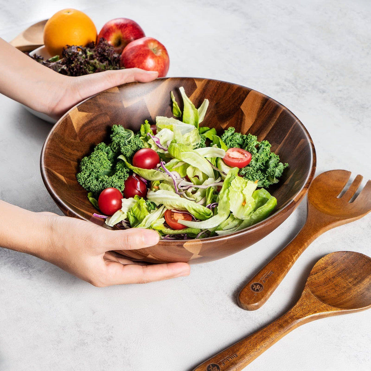 BF BILL.F SINCE 1983 Wooden Salad Bowl 30cm, Acacia Wood Salad Bowls Set, Large Salad Serving Bowl for Fruits Mixing Bowl with Servers-3-Piece Large