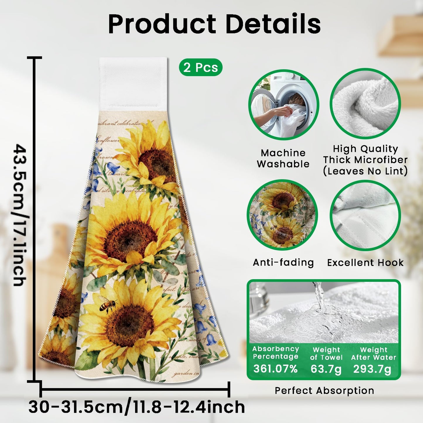 CUTHOLLOW 2 Pcs Countryside Sunflowers Hanging Kitchen Towels with Loop