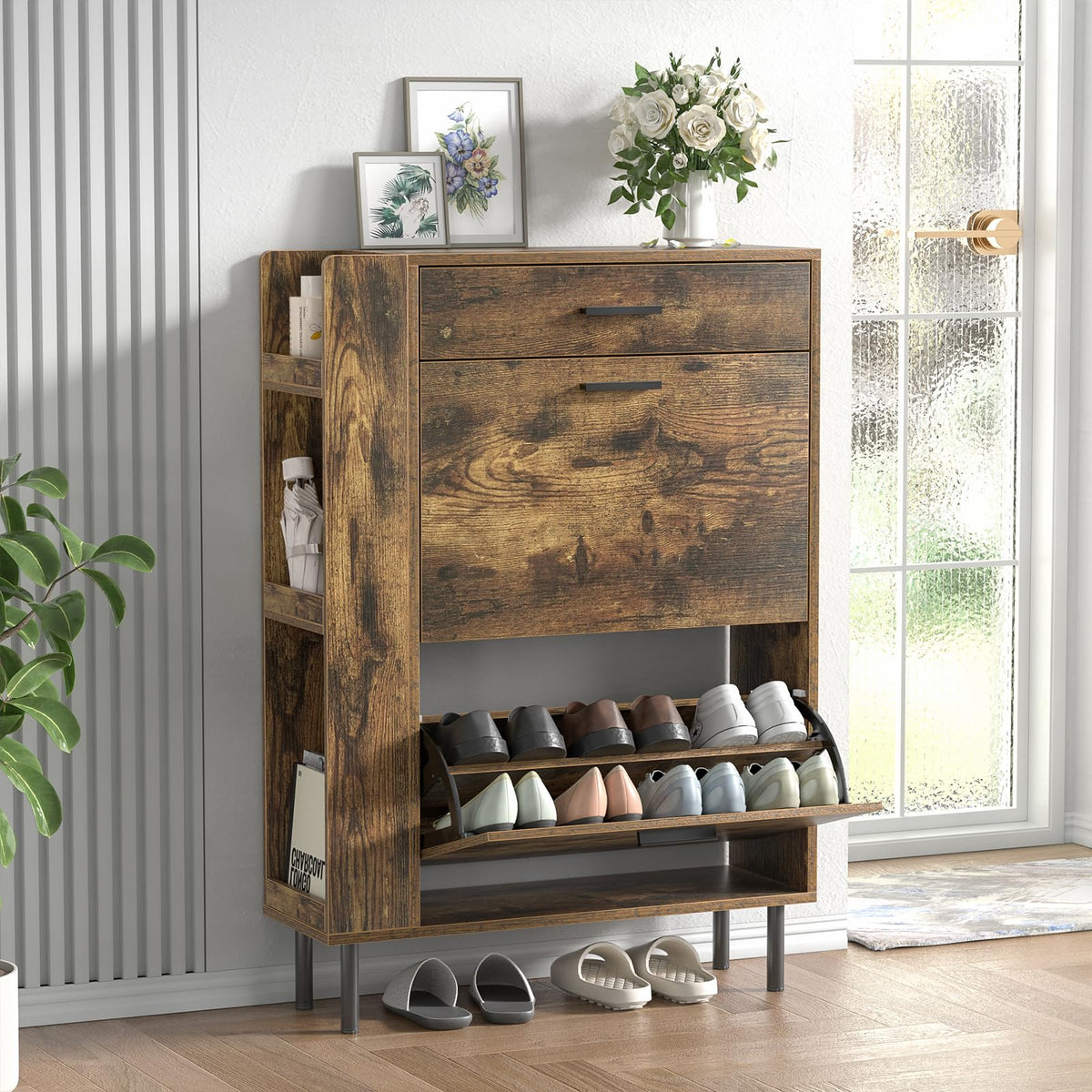 Skokliz Shoe Storage Cabinet, Modern Shoe Cabinet with 2 Flip Hidden Doors and Drawer, Wooden Narrow Shoe Storage with Adjustable Shelves For Hallway