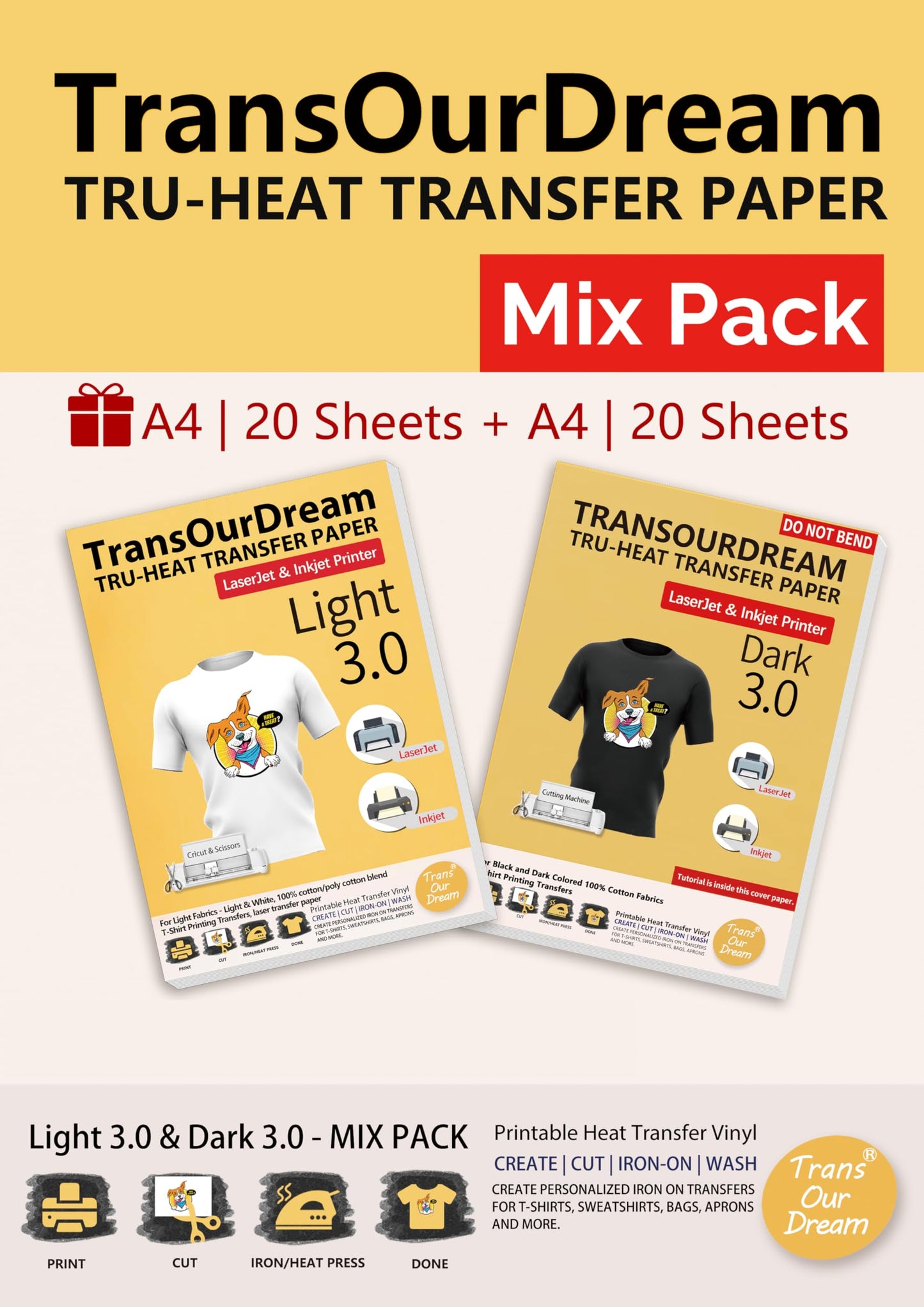 TransOurDream Iron-on Printable Heat Transfer Vinyl 3.0 Transfer Paper for Dark and Light Colored Fabrics-Inkjet & Laser Printer Mix Pack 20+20 Sheets